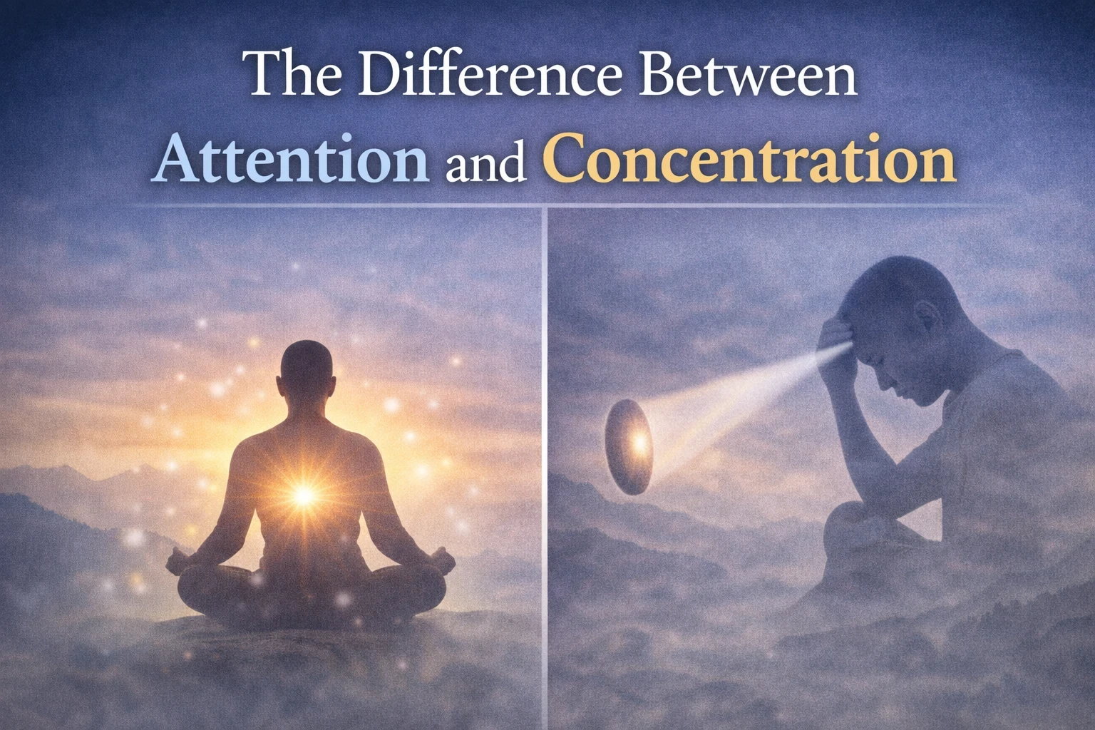 split image showing meditating figure and thinking person illustrating the difference between attention and concentration