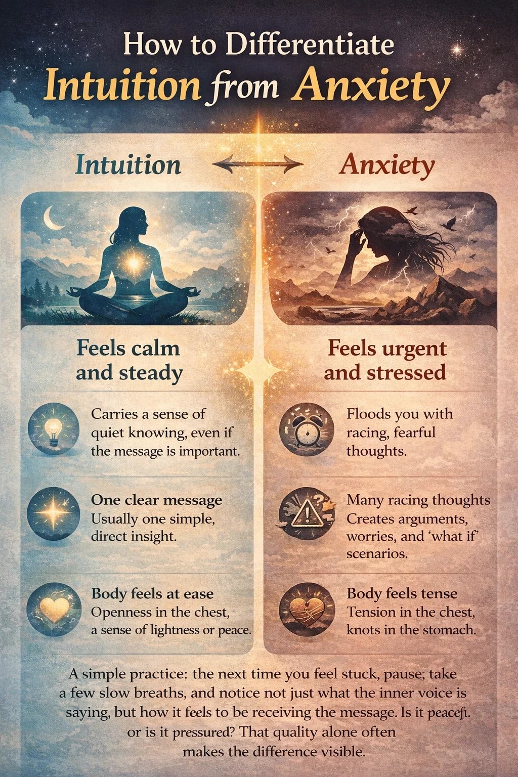 How to differentiate intuition from anxiety – infographic comparing calm intuition vs. urgent anxious feelings