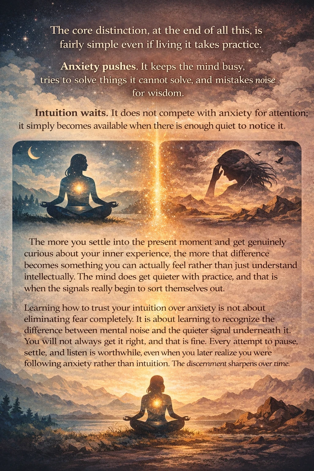 Intuition vs anxiety quotes – anxiety pushes while intuition waits, with meditating figures illustration