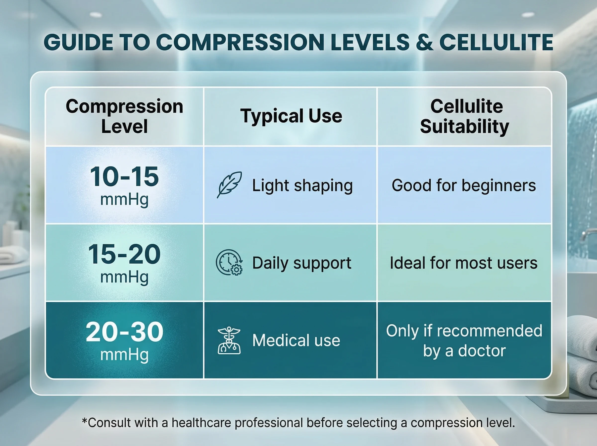 Guide to compression levels and cellulite: chart showing 10-15 mmHg for light shaping, 15-20 mmHg for daily support, and 20-30 mmHg for medical use