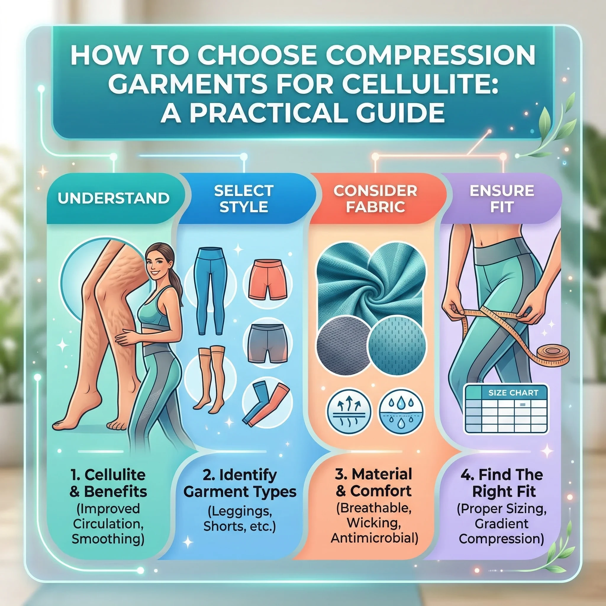 4-step guide to choosing compression garments for cellulite: consider benefits, identify garment types, choose material and comfort, and find the right fit