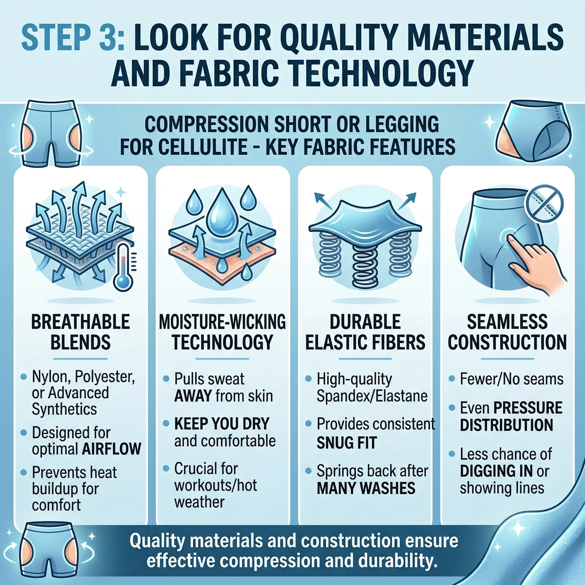 Key fabric features for compression shorts and leggings for cellulite: breathable blends, moisture-wicking technology, durable elastic fibers, and seamless construction