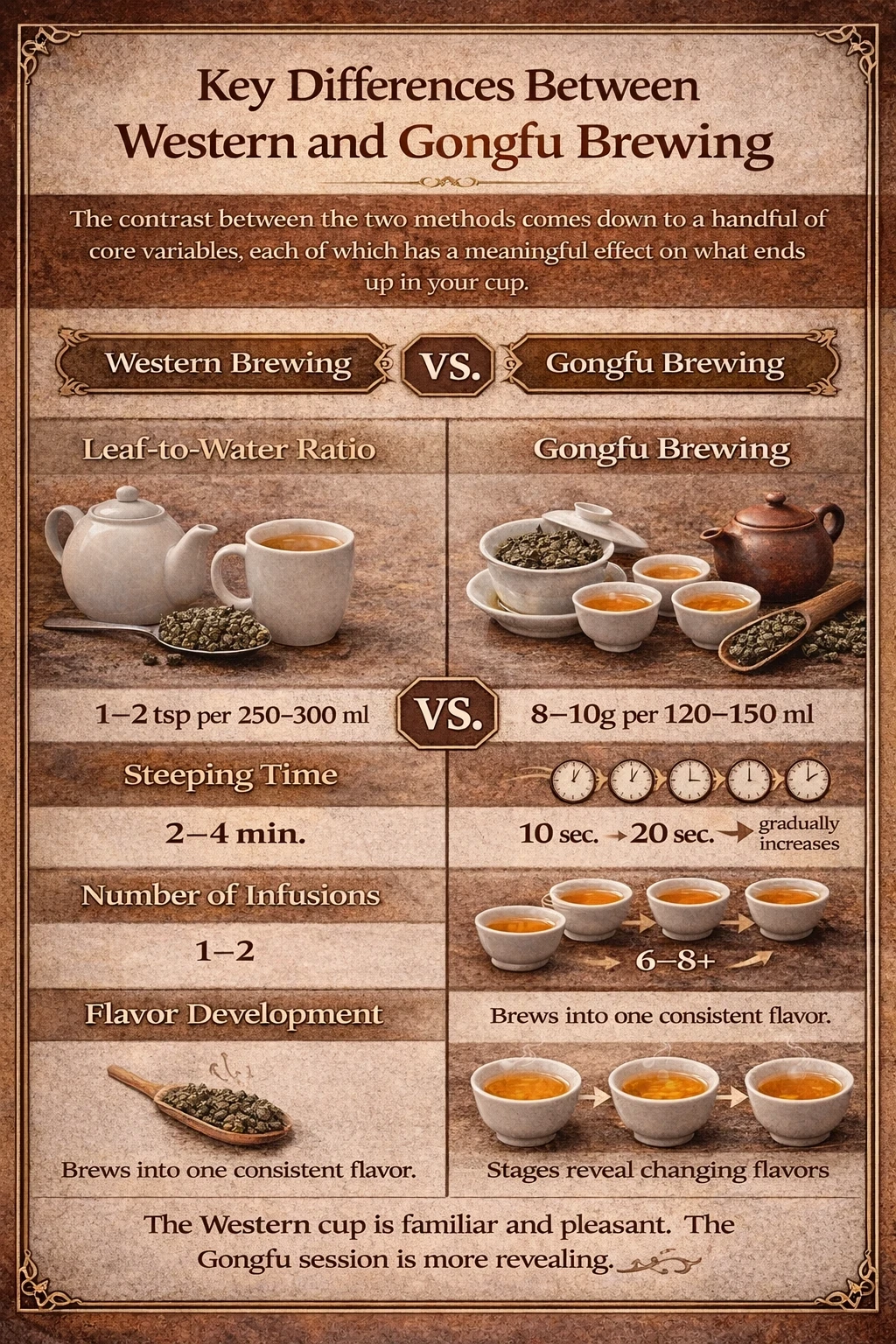 Infographic comparing Western vs Gongfu brewing – leaf-to-water ratio, steeping time, number of infusions, and flavor development
