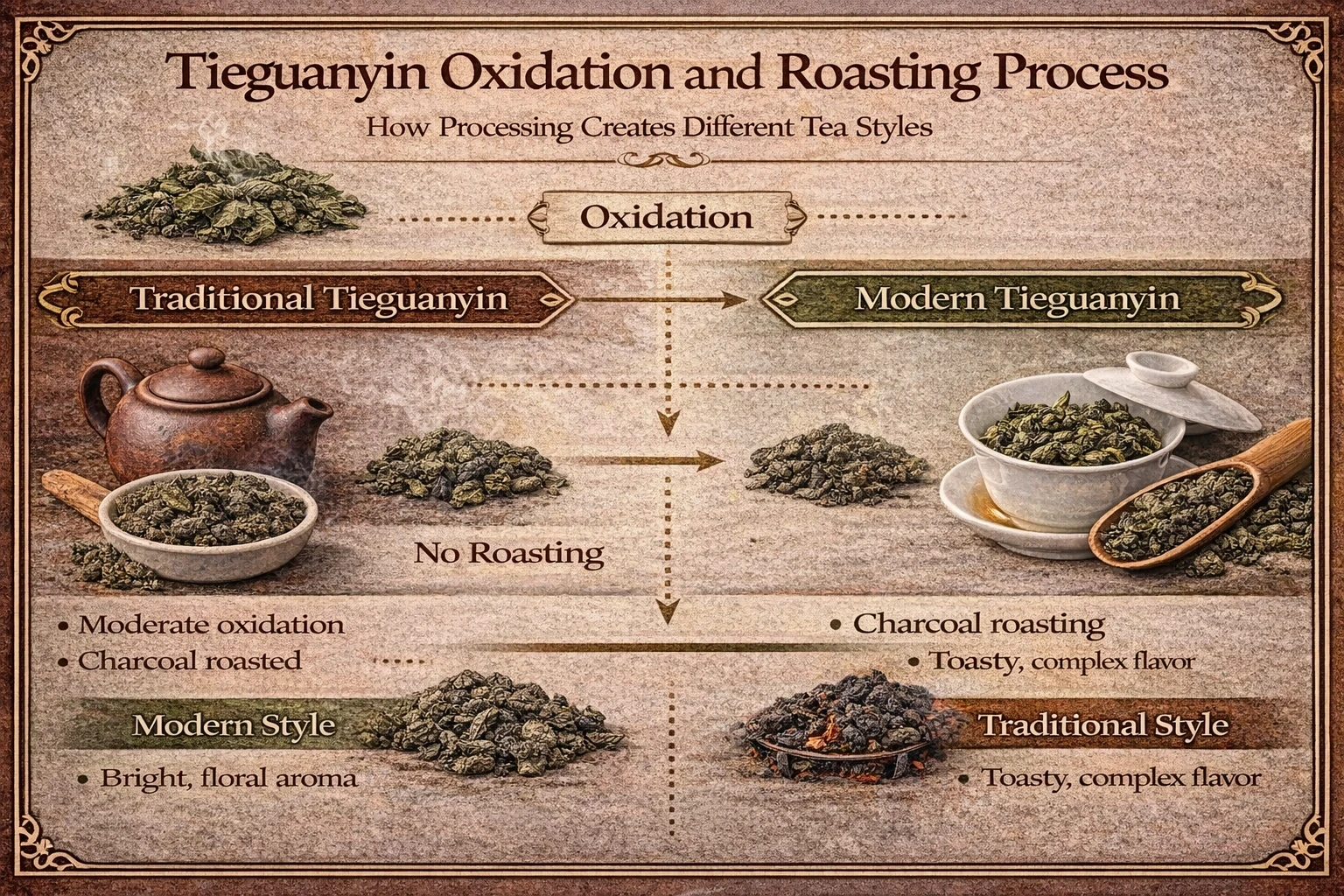 Tieguanyin oxidation and roasting process diagram comparing traditional charcoal-roasted style with modern unroasted style
