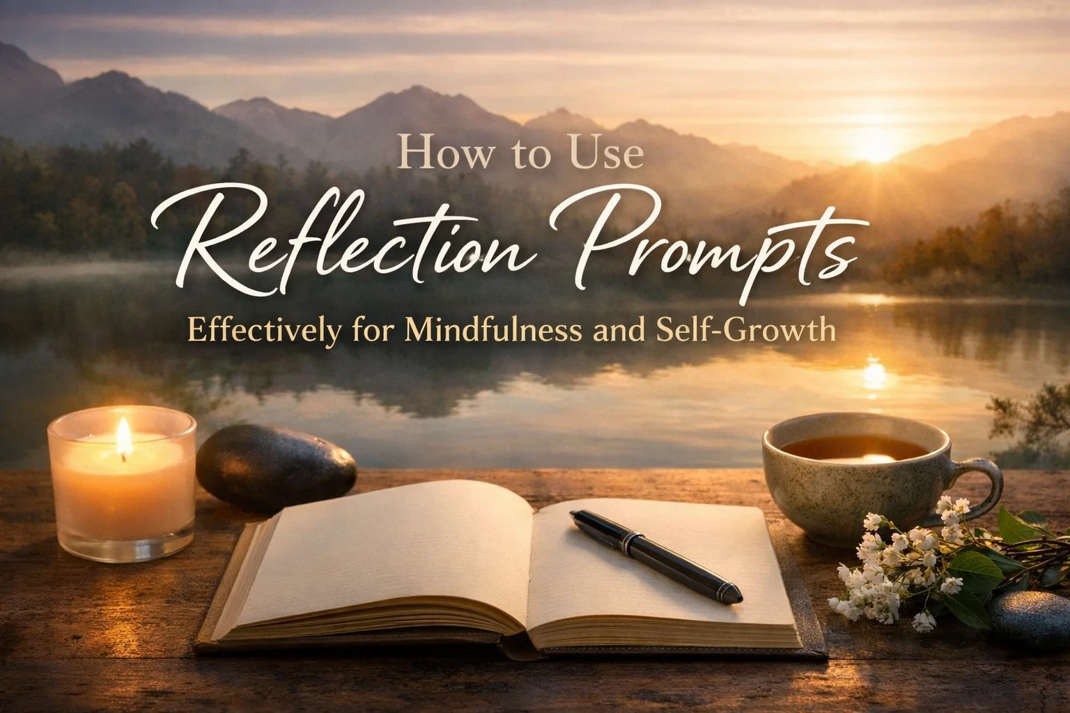 How to Use Reflection Prompts Effectively for Mindfulness and Self-Growth – open journal, candle, tea cup, and mountain sunrise
