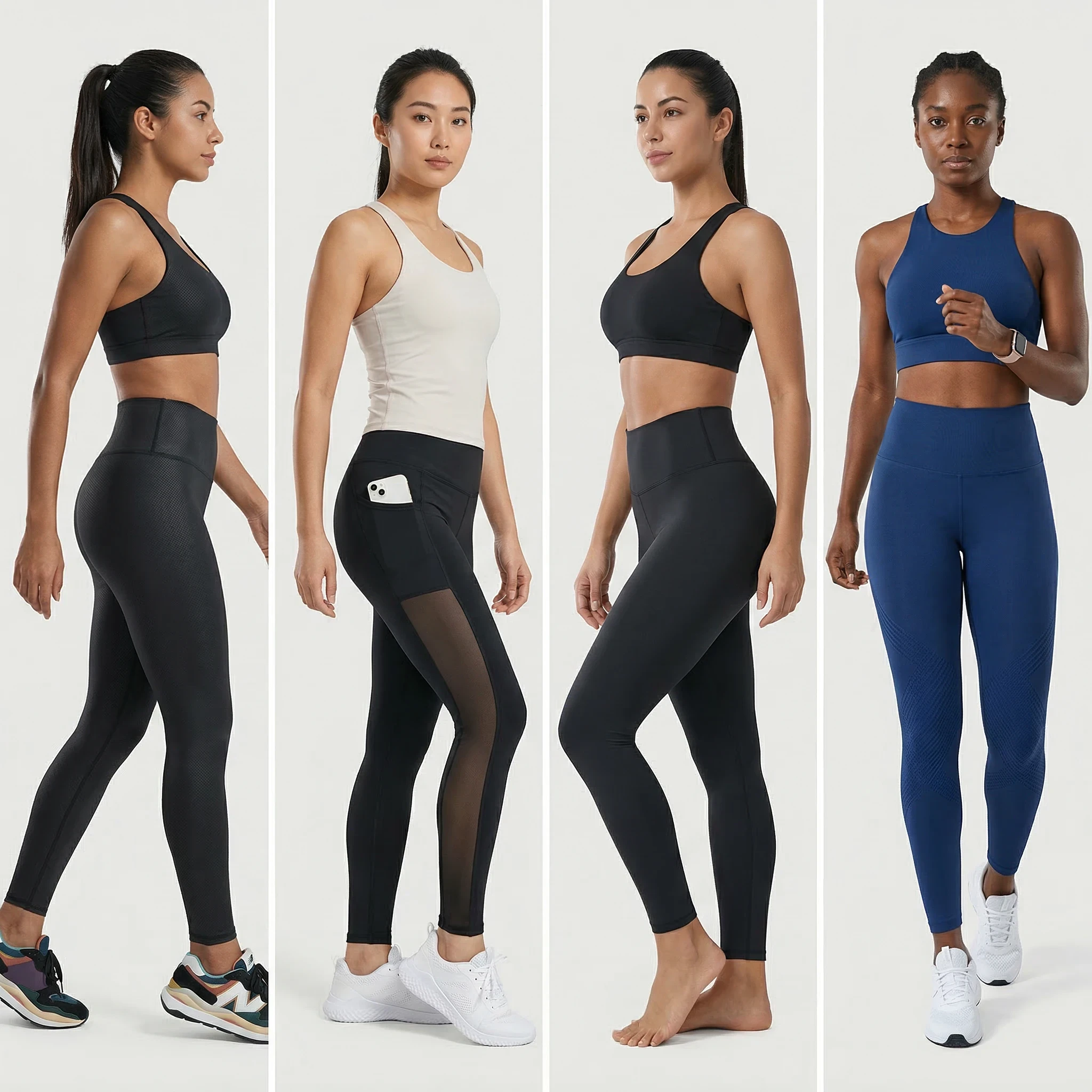 Four women wearing different styles of compression leggings in black and blue showing various fits and designs
