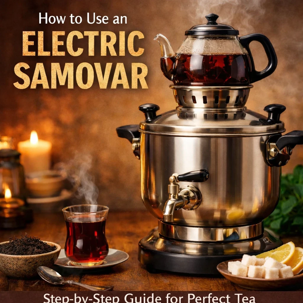 How to use an electric samovar - modern stainless steel electric samovar with glass teapot, tea glass, loose leaf tea, sugar cubes, and candles