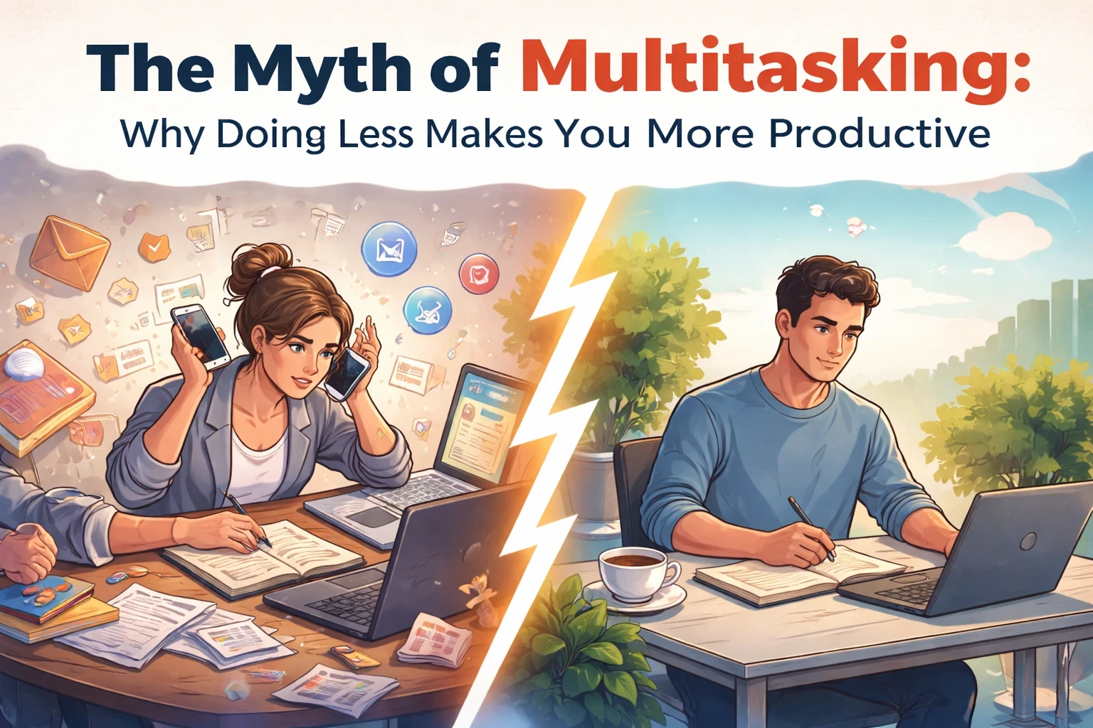 The Myth of Multitasking – split illustration showing a stressed woman juggling tasks vs. a focused man working productively