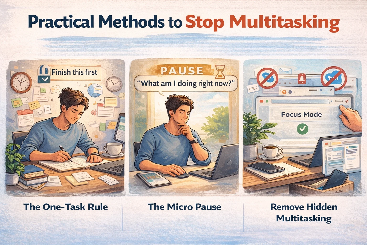 Practical Methods to Stop Multitasking – three-panel illustration showing the One-Task Rule, the Micro Pause, and Remove Hidden Multitasking techniques