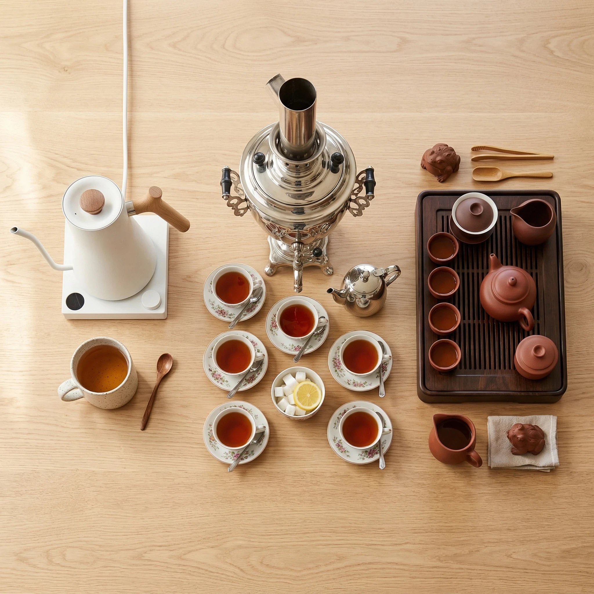 electric kettle samovar and gongfu tea set comparison flat lay on wooden surface