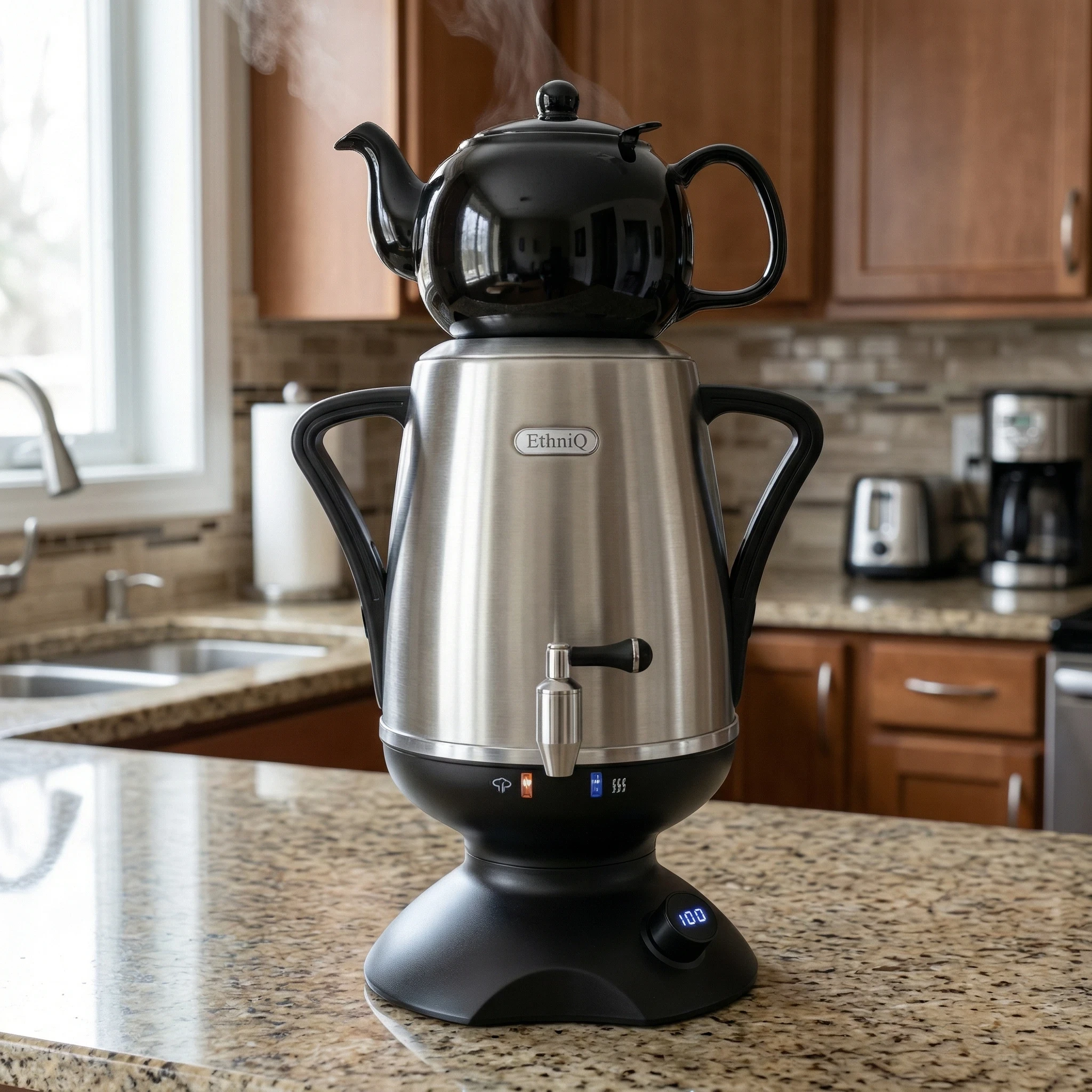 EthniQ electric samovar with black teapot on top, placed on a kitchen counter