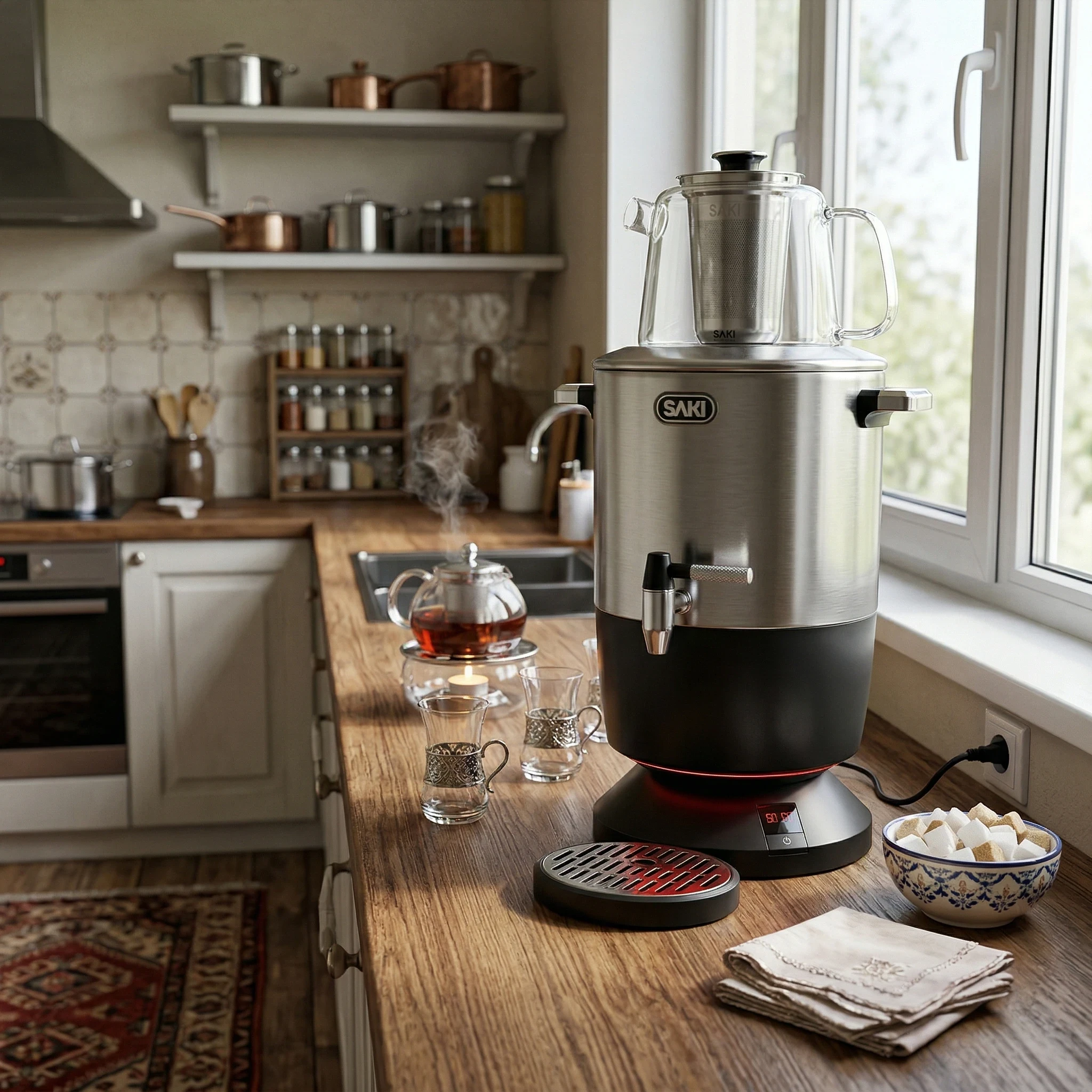 SAKI electric samovar with glass teapot on a wooden kitchen counter, served with Turkish tea glasses and sugar cubes