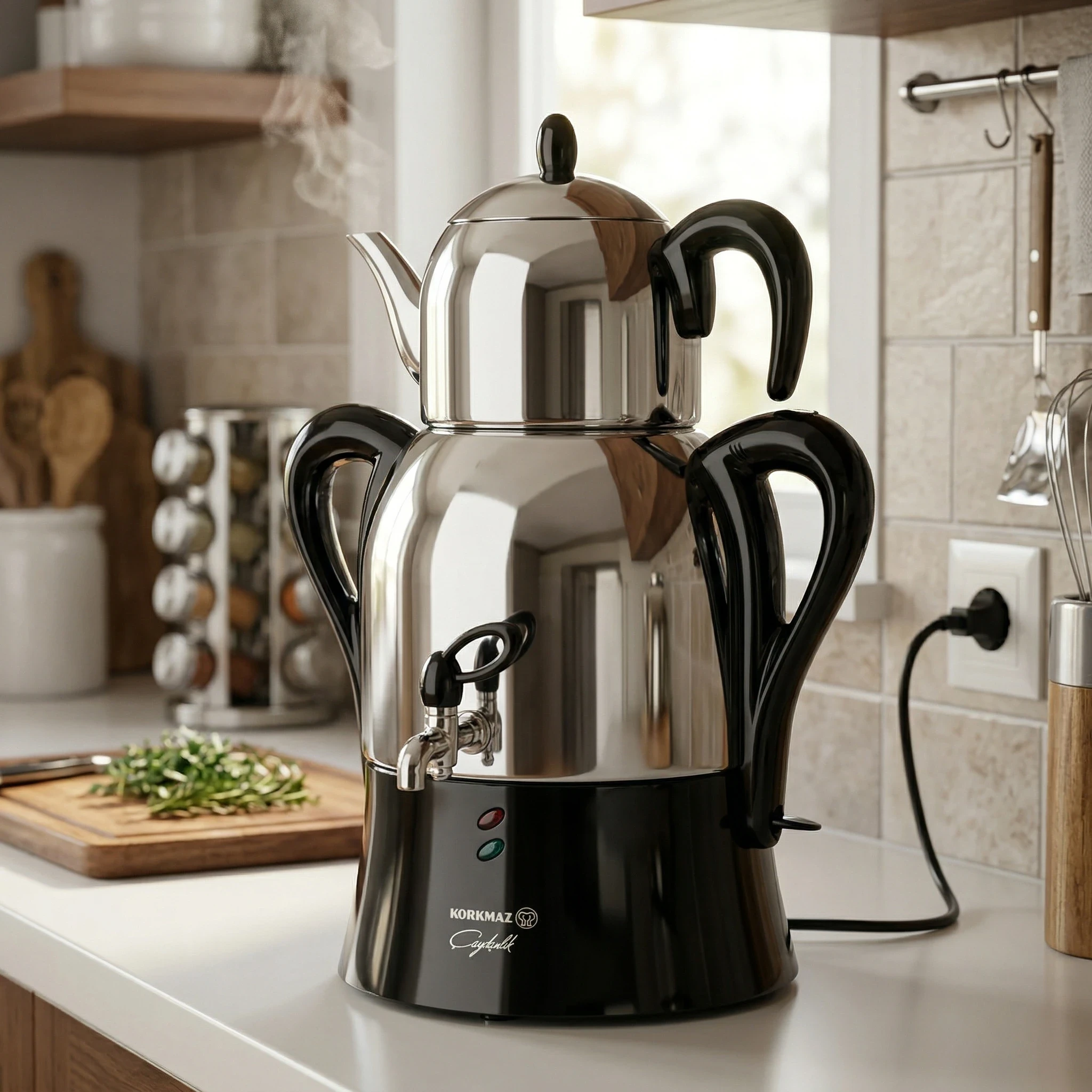 Korkmaz electric Turkish double-decker tea maker with stainless steel kettles on a kitchen counter