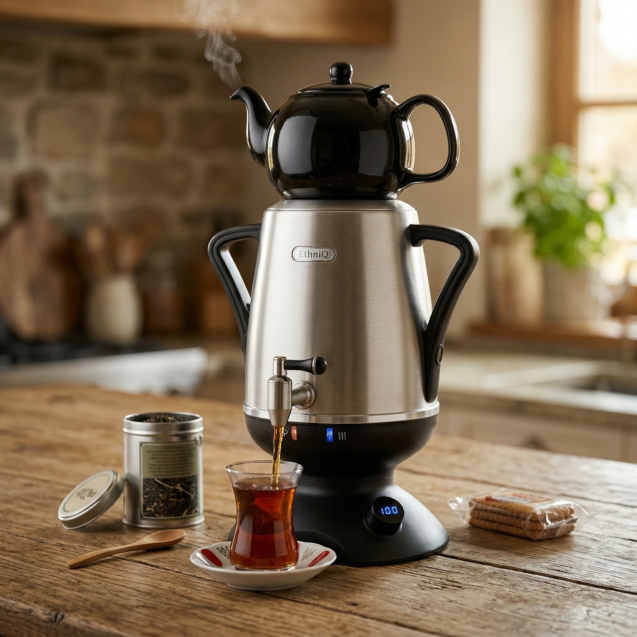 ETHNIQ Electric Samovar on a rustic wooden table with loose leaf tea and traditional tea glass