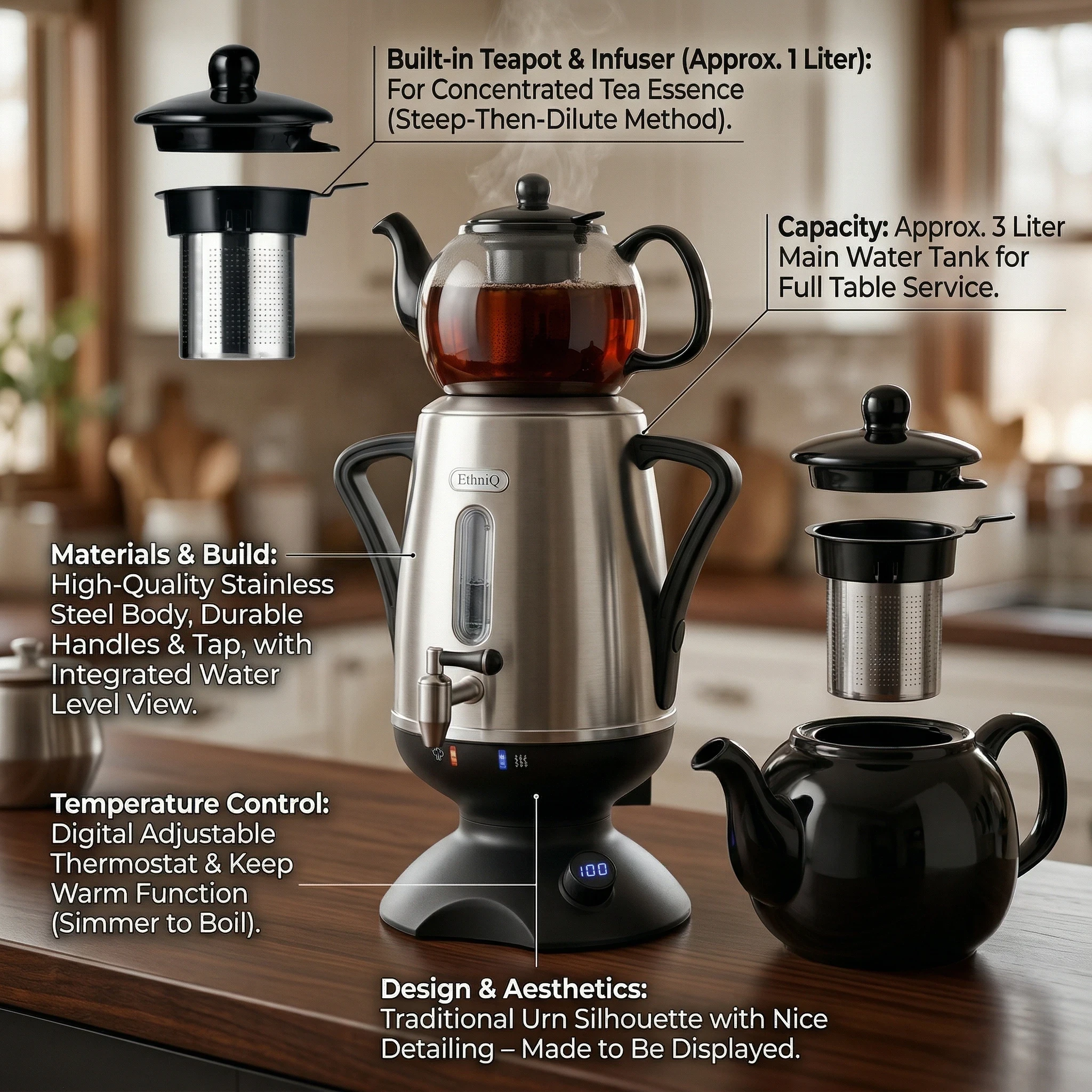 ETHNIQ Electric Samovar features infographic – stainless steel build, digital temperature control, and 3-liter capacity with built-in teapot