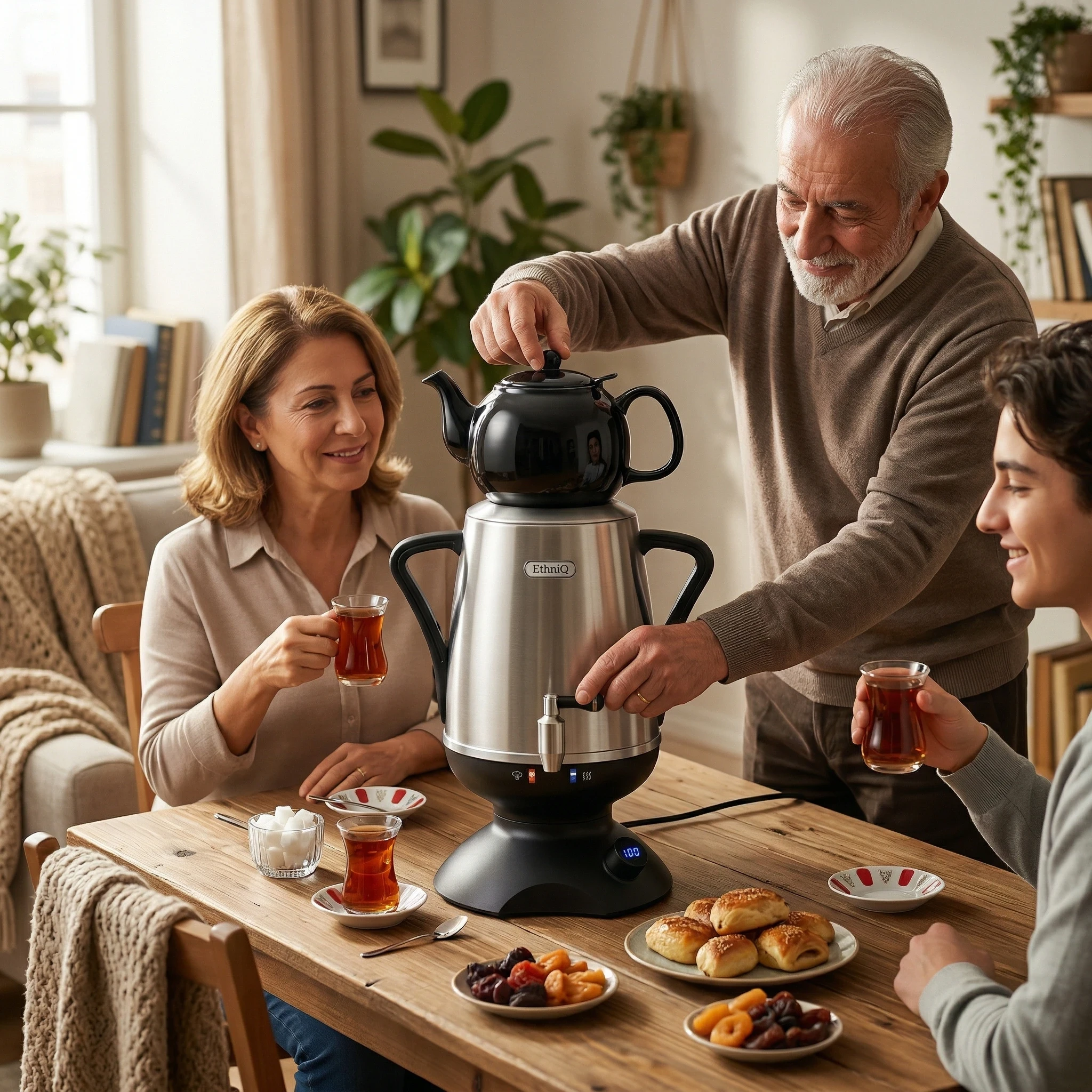 Family enjoying tea together around a table with an ETHNIQ Electric Samovar, tea glasses, and pastries