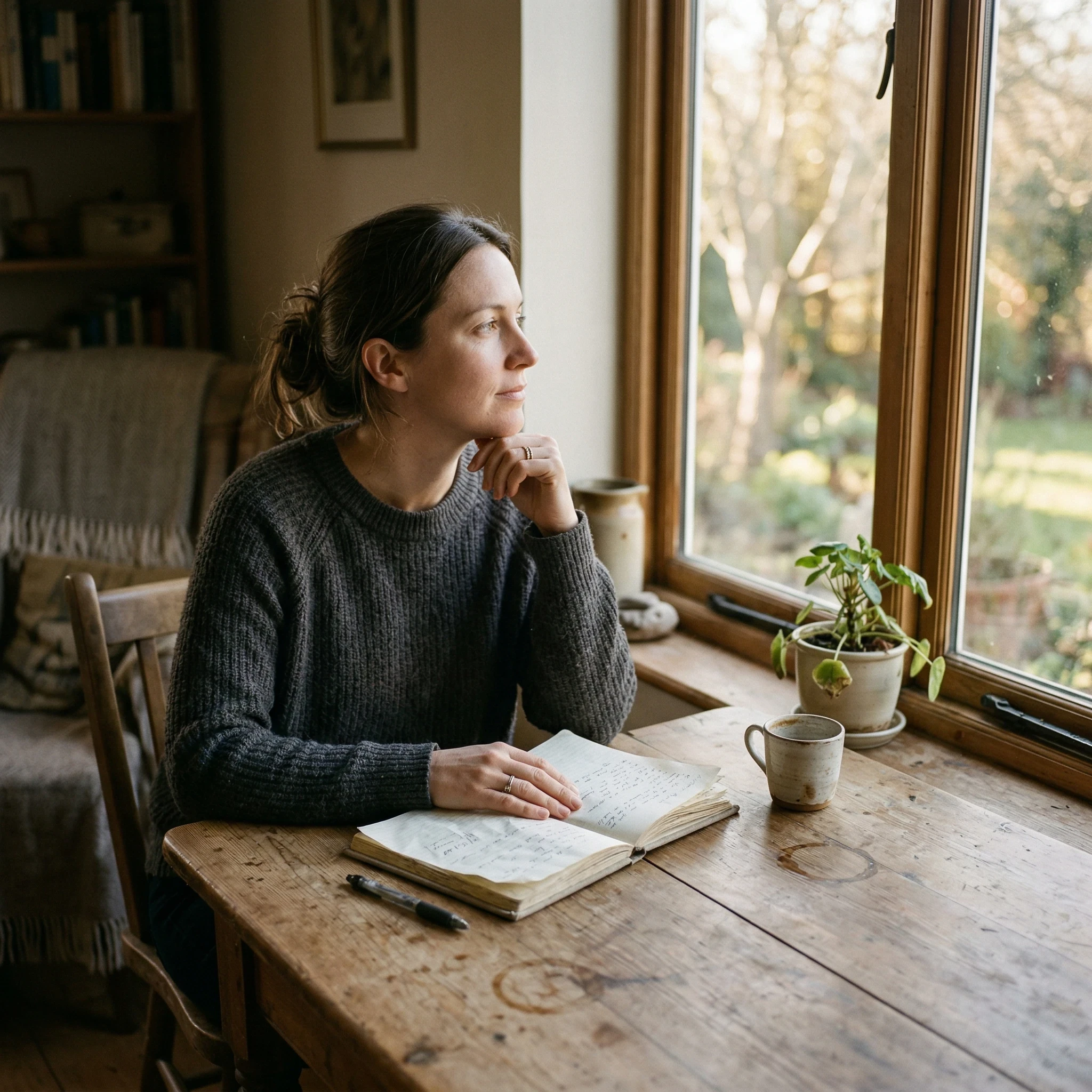 woman sitting at a wooden desk by a window with an open journal embracing wabi-sabi and imperfection