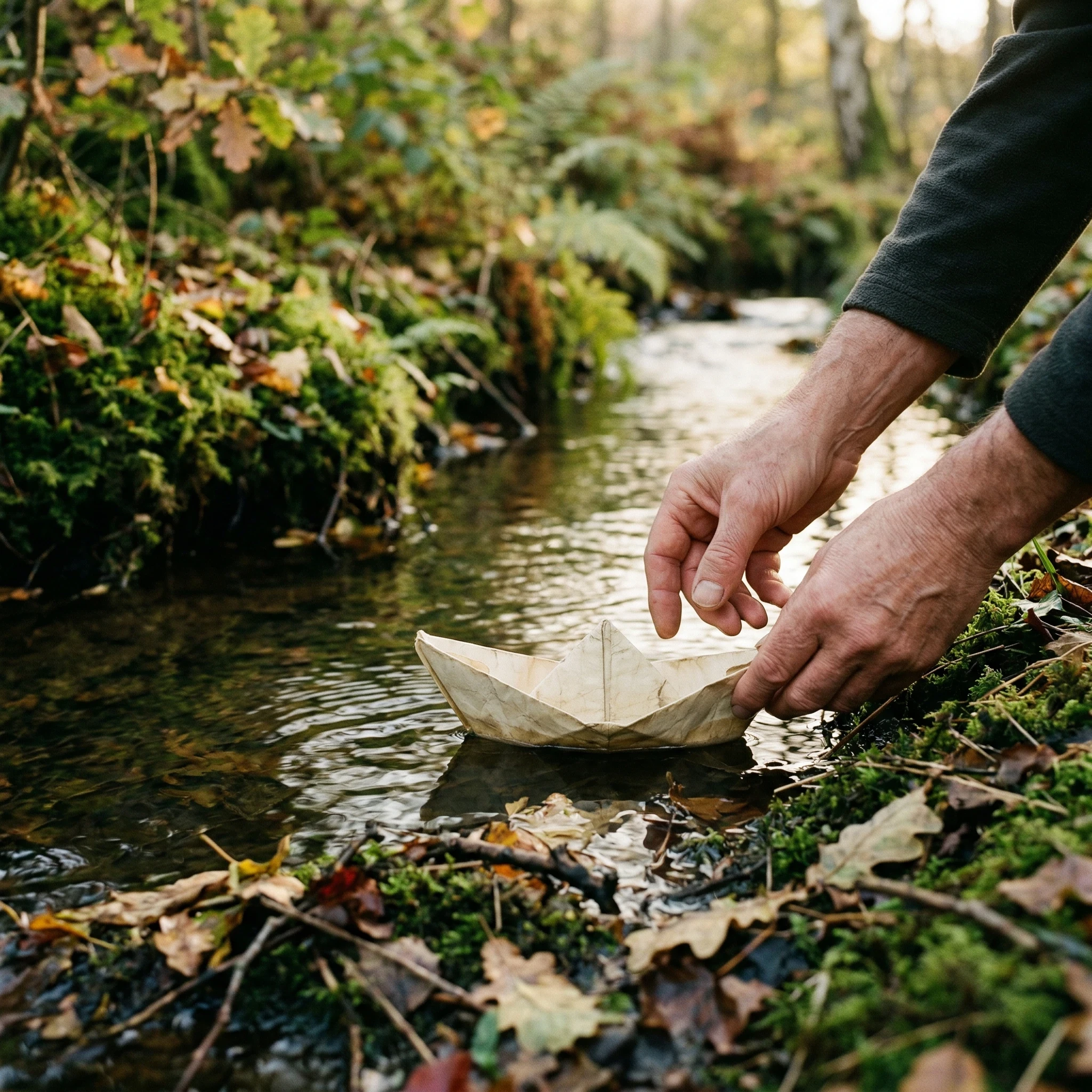hands releasing an imperfect paper boat into a forest stream symbolizing the freedom of the good enough philosophy