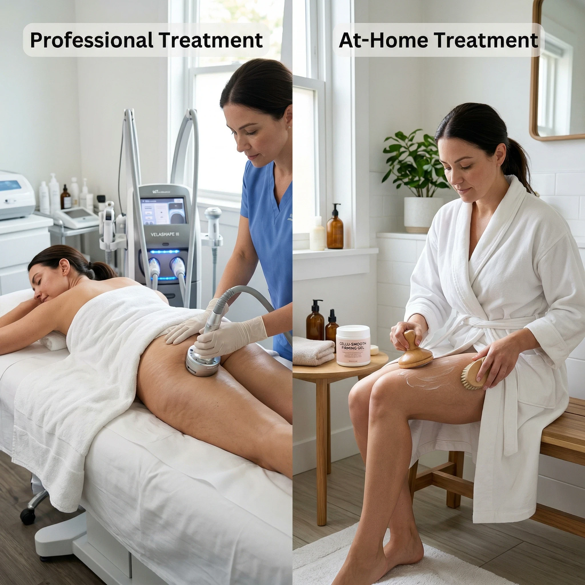 professional cellulite treatment vs at-home cellulite treatment comparison showing spa therapist using body contouring device on client and woman applying anti-cellulite cream with dry brush