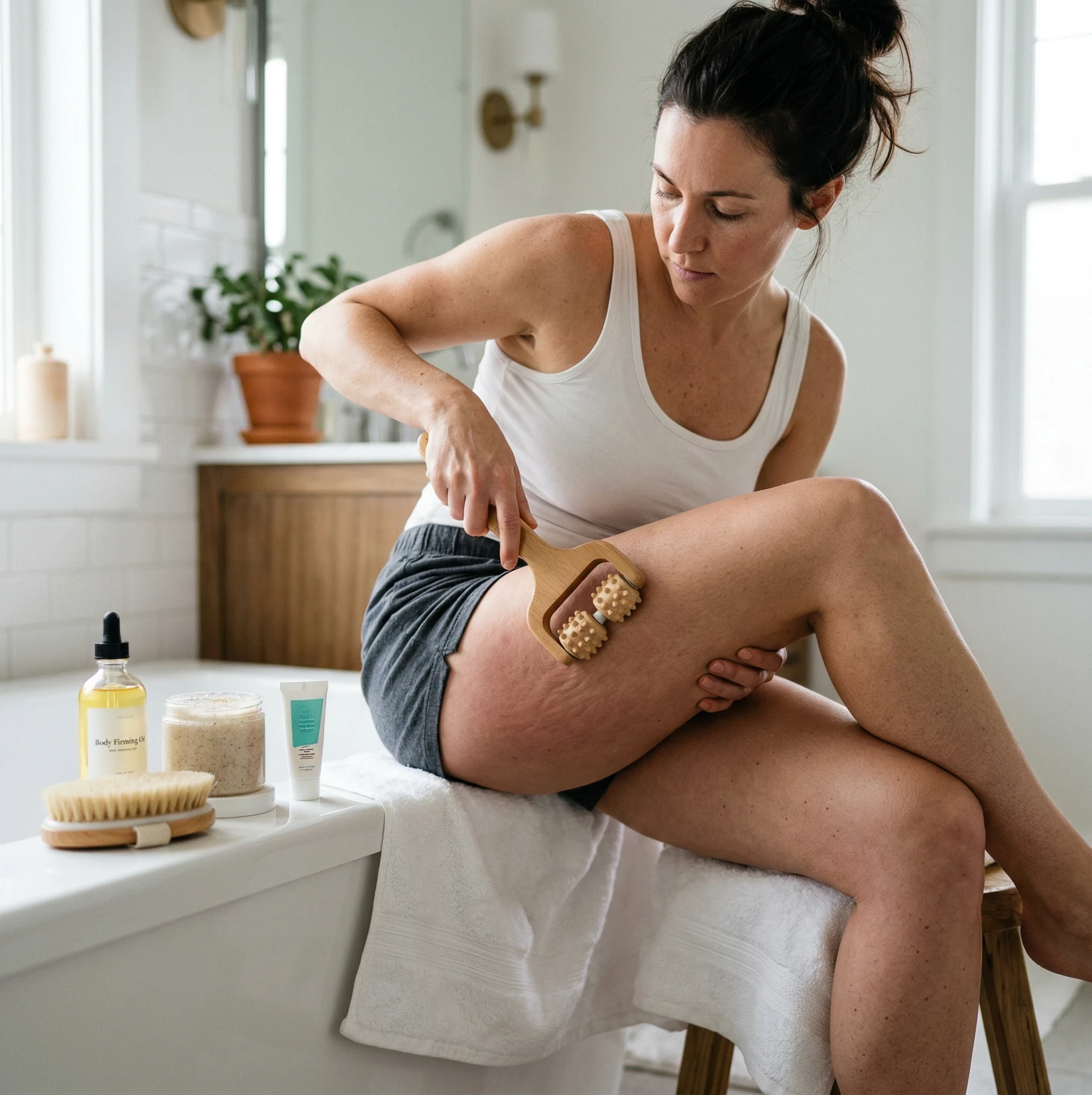 woman using wooden massage roller on thigh for at-home cellulite treatment sitting on edge of bathtub