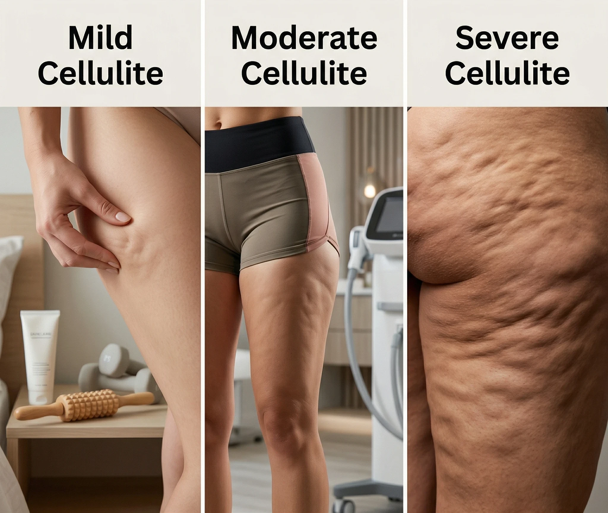 cellulite severity comparison chart showing mild cellulite moderate cellulite and severe cellulite on thighs side by side