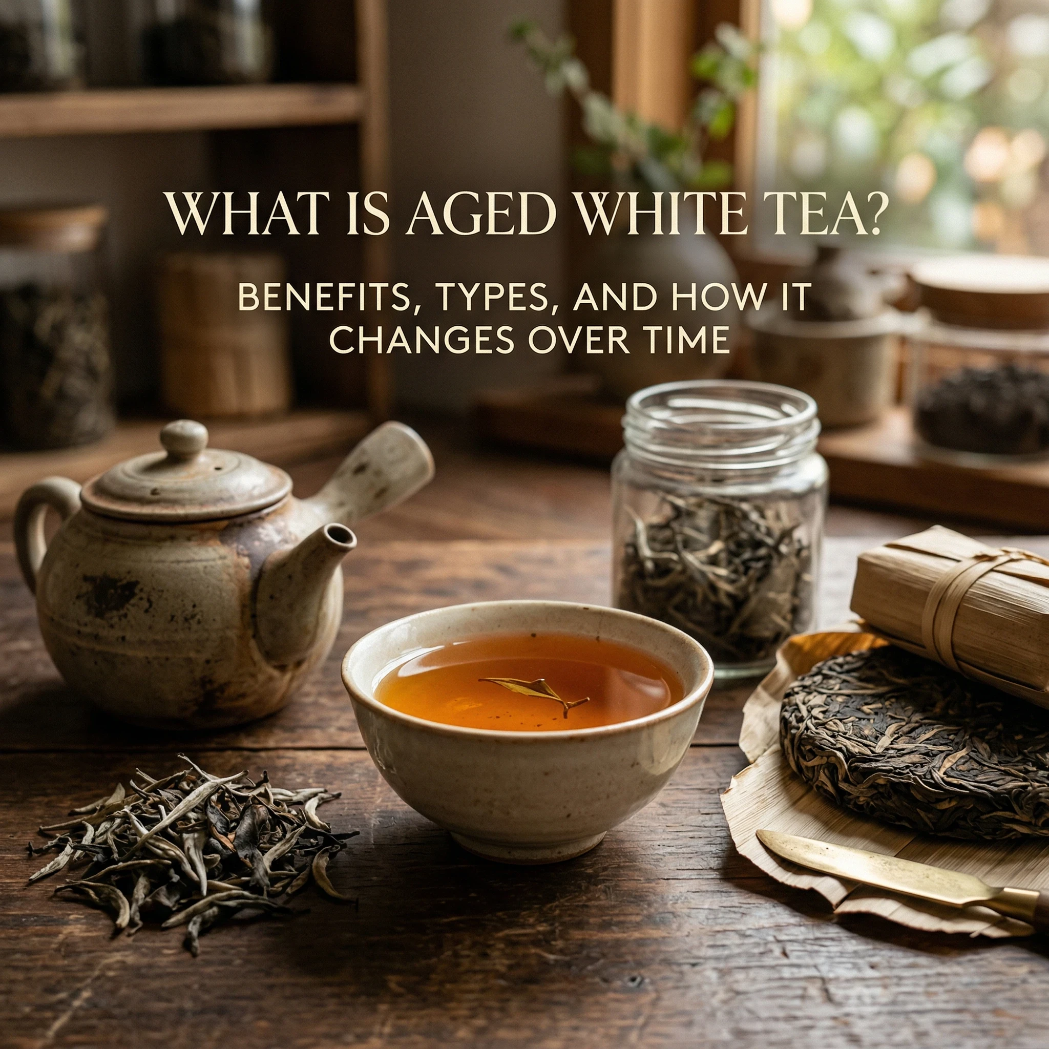 aged white tea in ceramic teapot and glass jar with loose dried white tea leaves on wooden tray