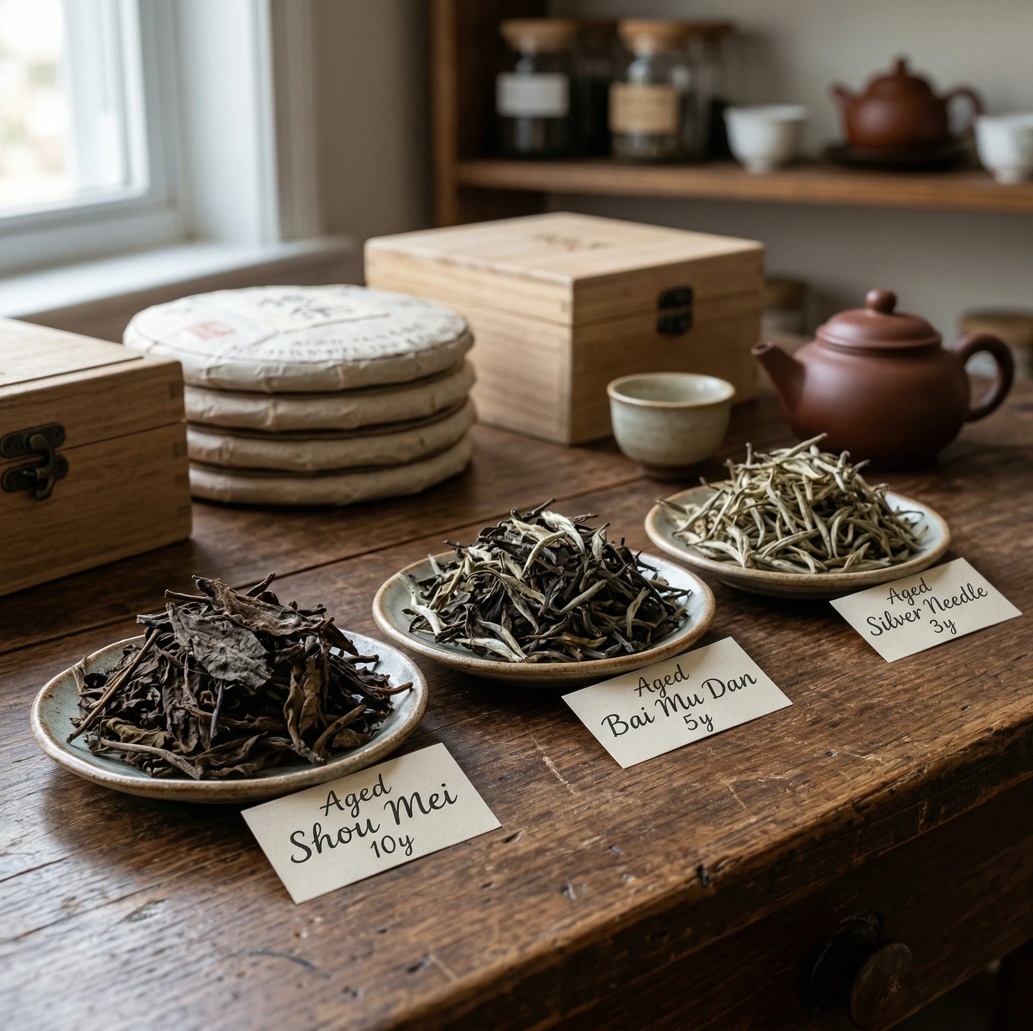 three types of aged white tea shou mei bai mu dan and silver needle displayed on wooden table with tea cake and teapot