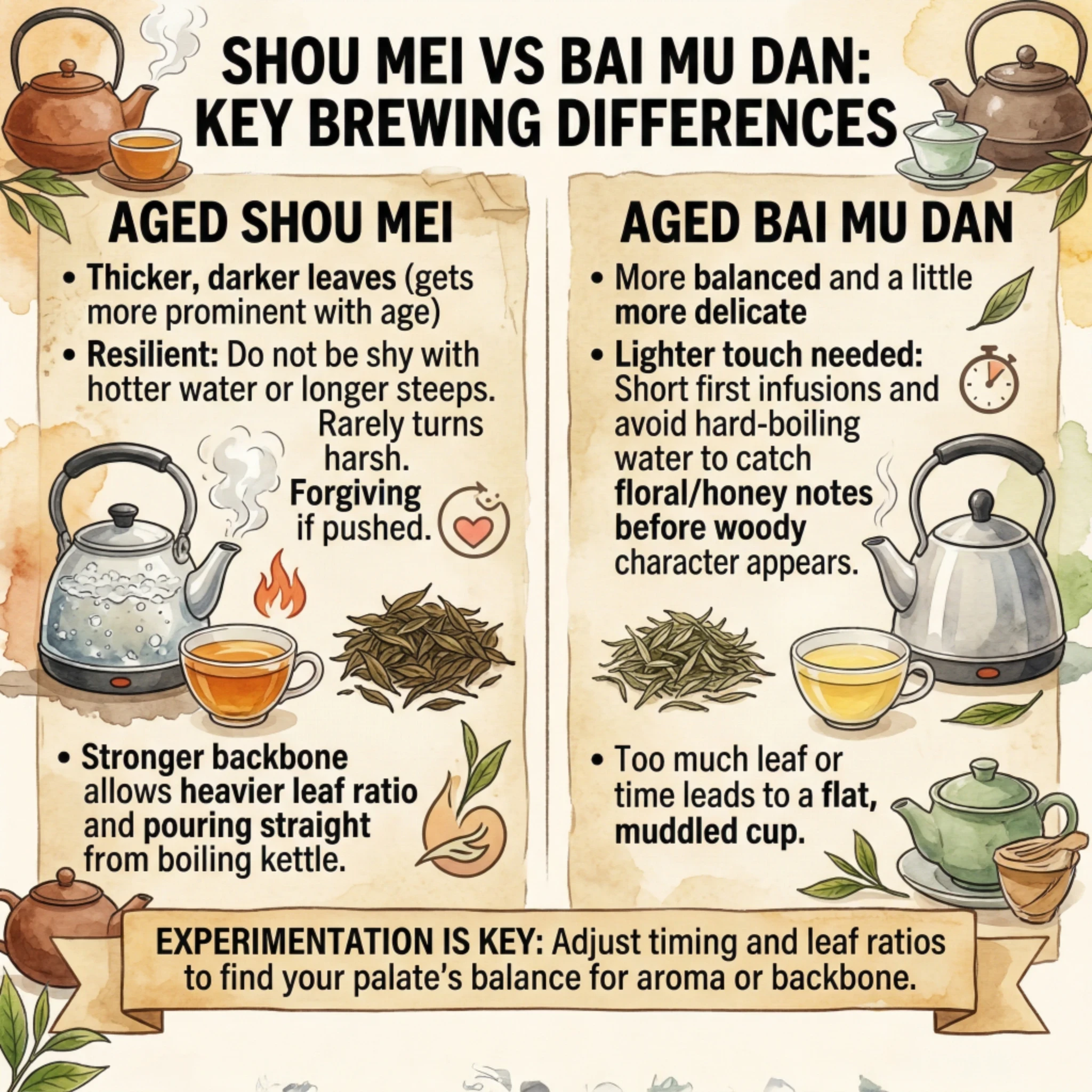 Shou Mei vs Bai Mu Dan key brewing differences infographic comparing leaf profile, water temperature, and steeping tips