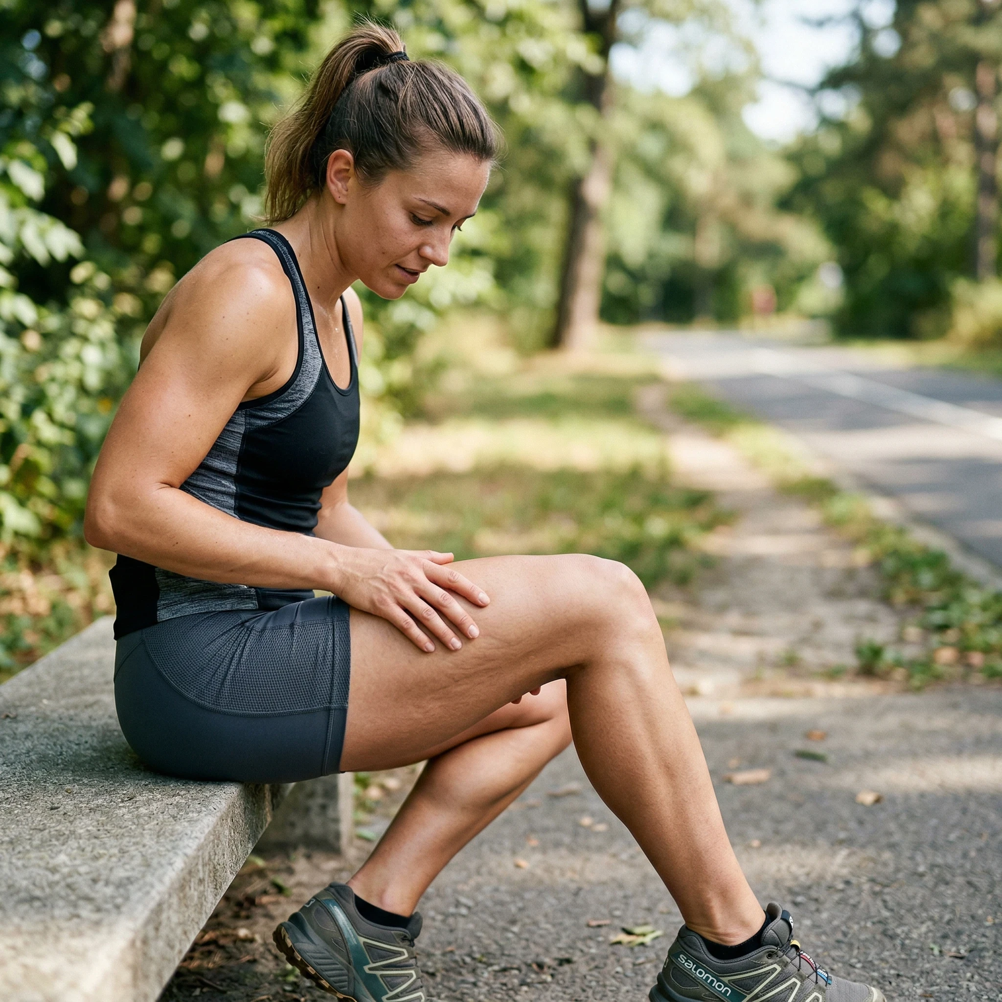 athletic woman in sportswear sitting on park steps looking at her legs