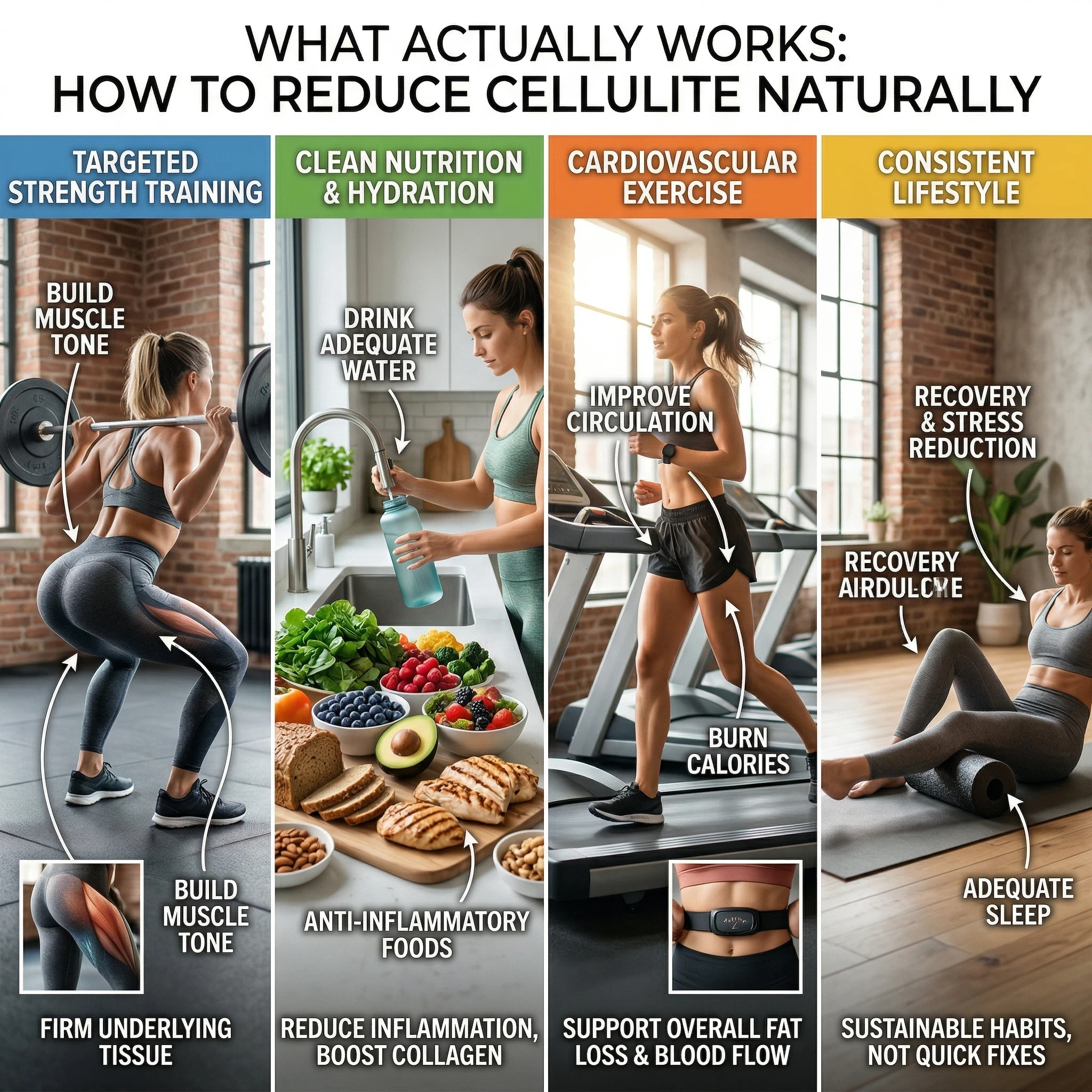 infographic showing four ways to reduce cellulite through exercise, diet, fat loss, and sleep