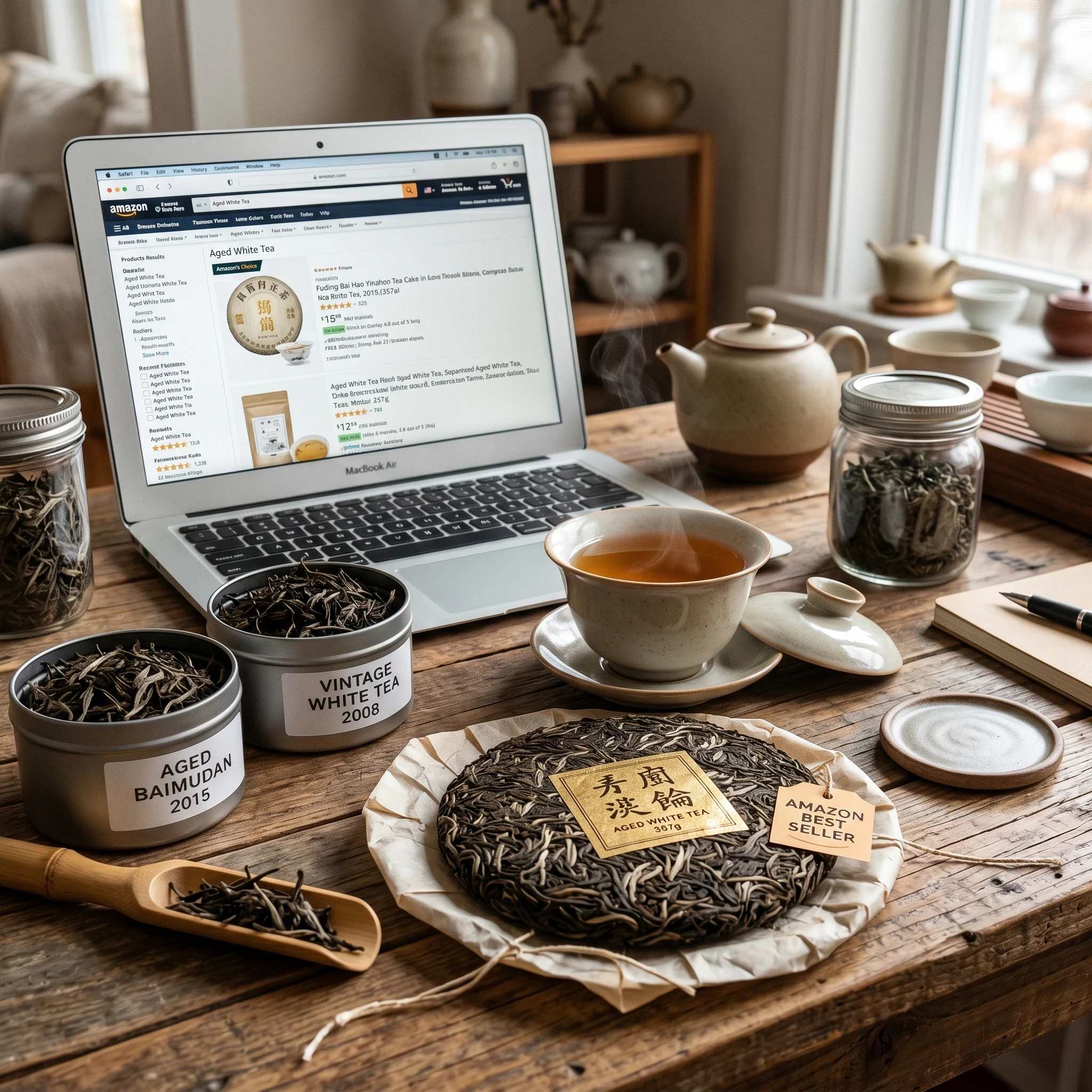 White tea collection on rustic wooden table featuring aged loose leaf white tea, vintage white tea cake, gaiwan, and laptop showing Amazon white tea products