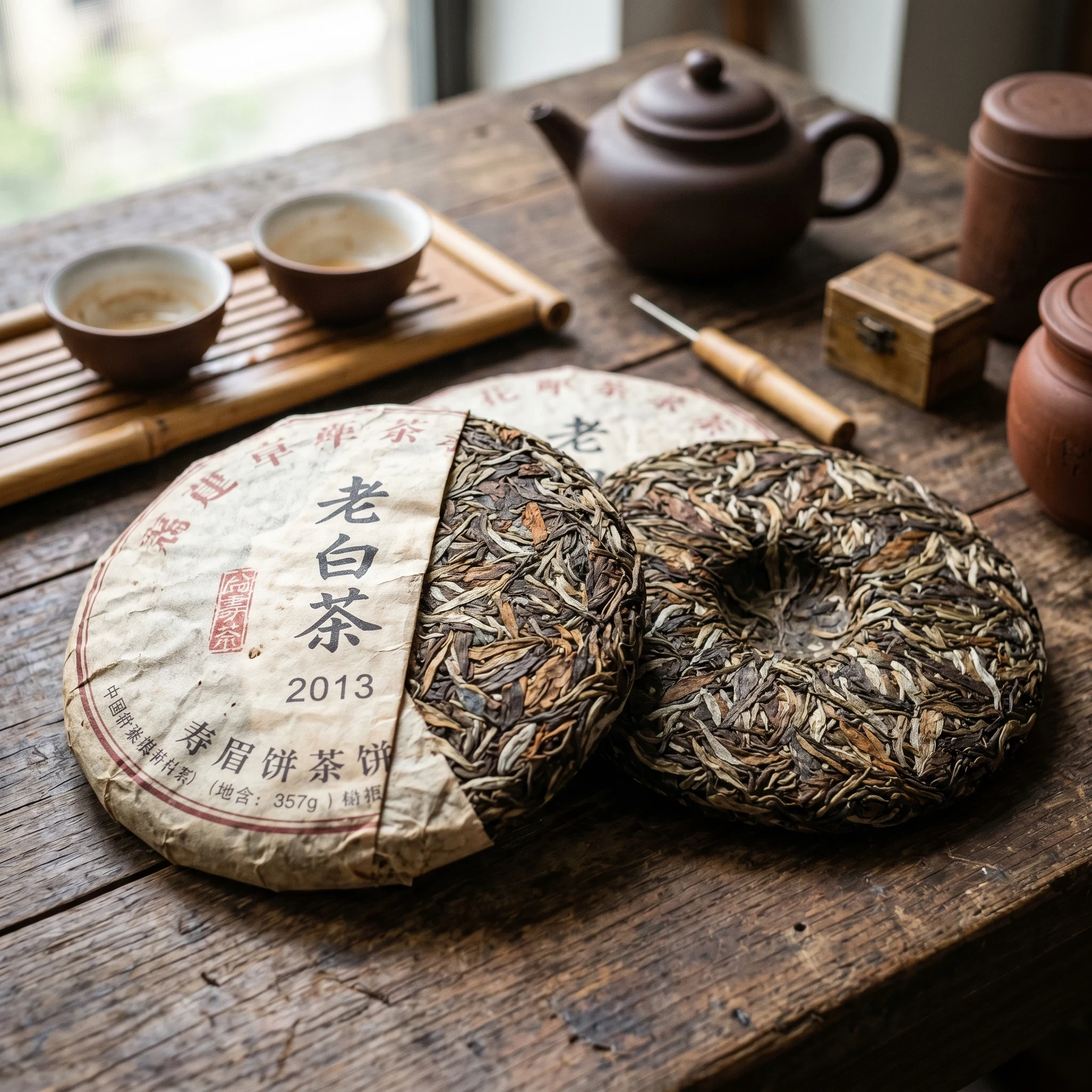 Two aged white tea cakes (Lao Bai Cha 2013) on wooden table with Yixing teapot and tea cups