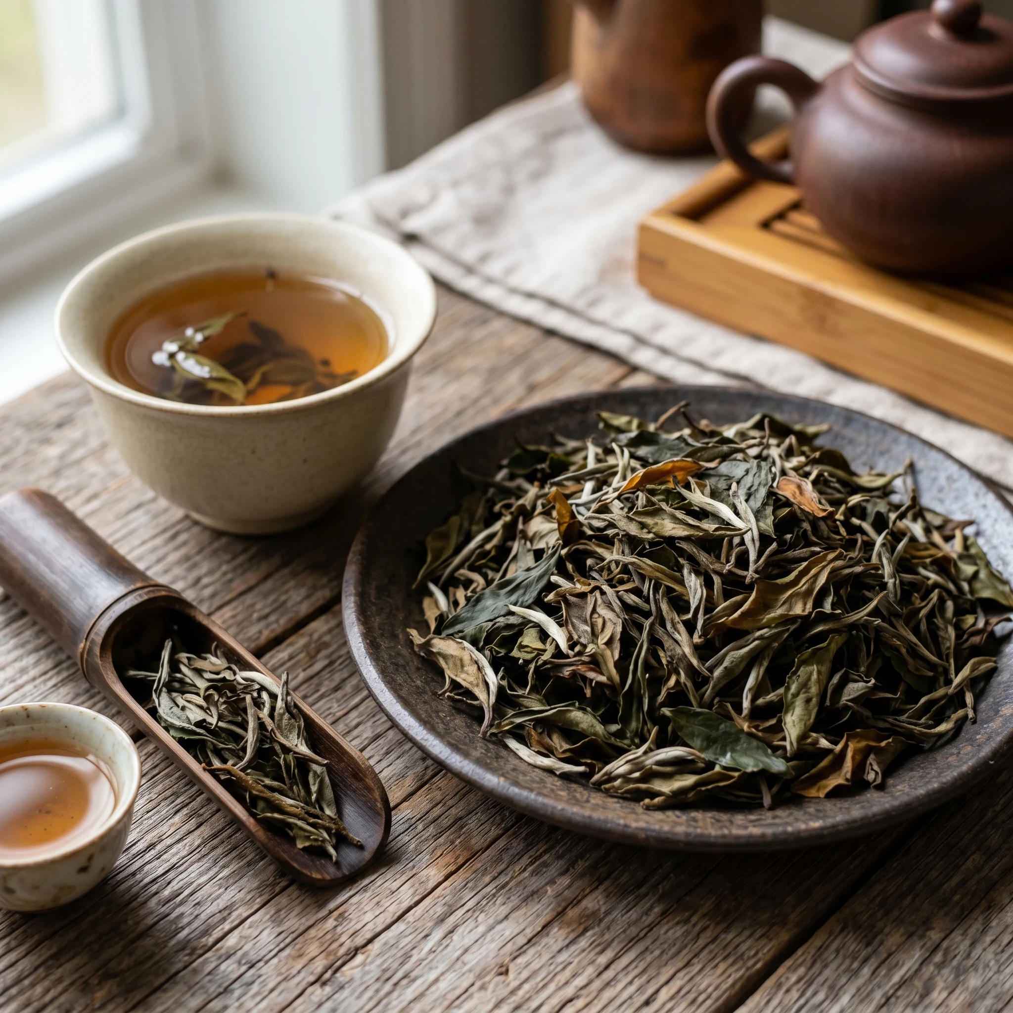 Loose white tea leaves on clay plate with wooden scoop, brewed white tea in gaiwan, and Yixing teapot on wooden tray