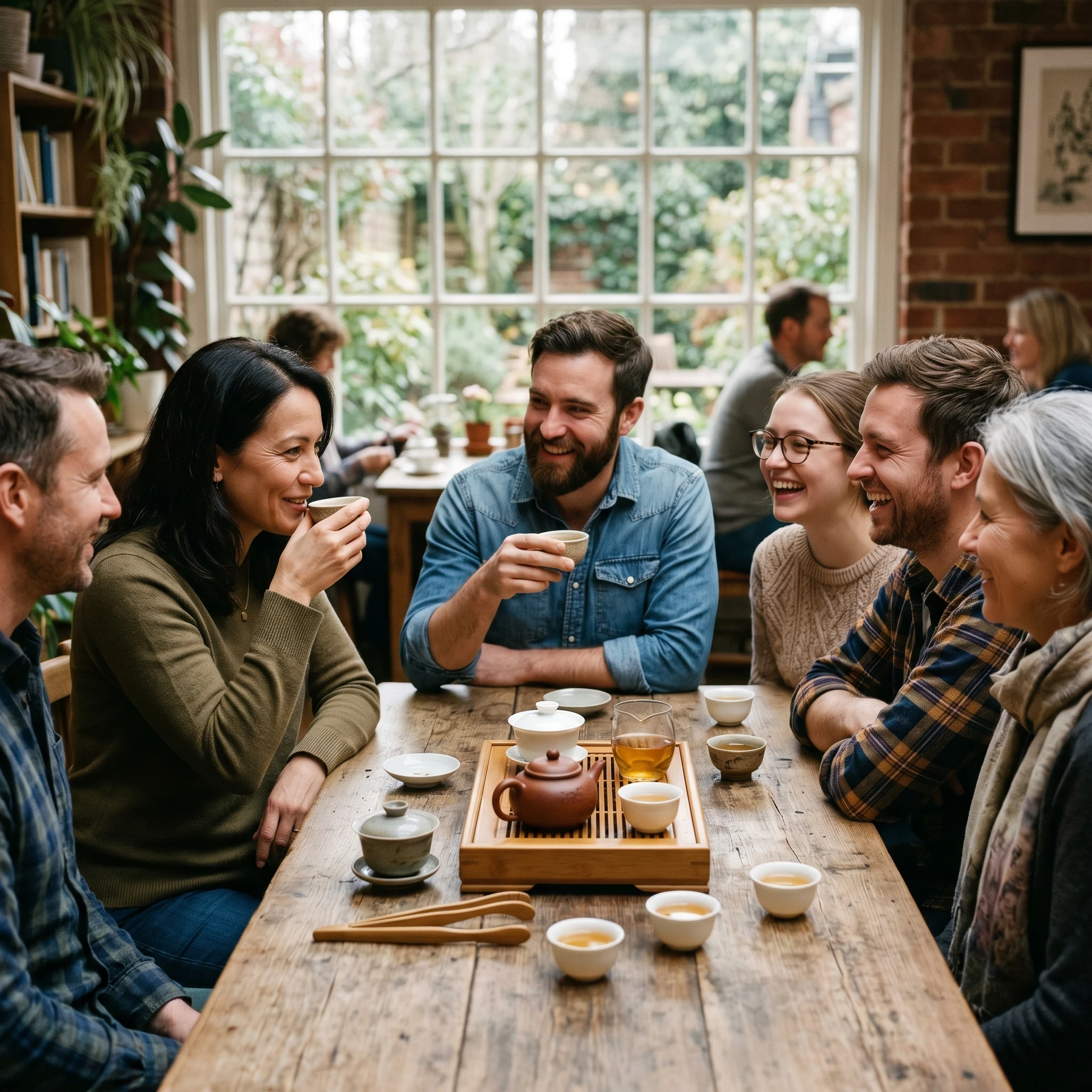 Group of friends smiling and sharing tea around a wooden gongfu tea tray with Yixing teapot in a cozy cafe