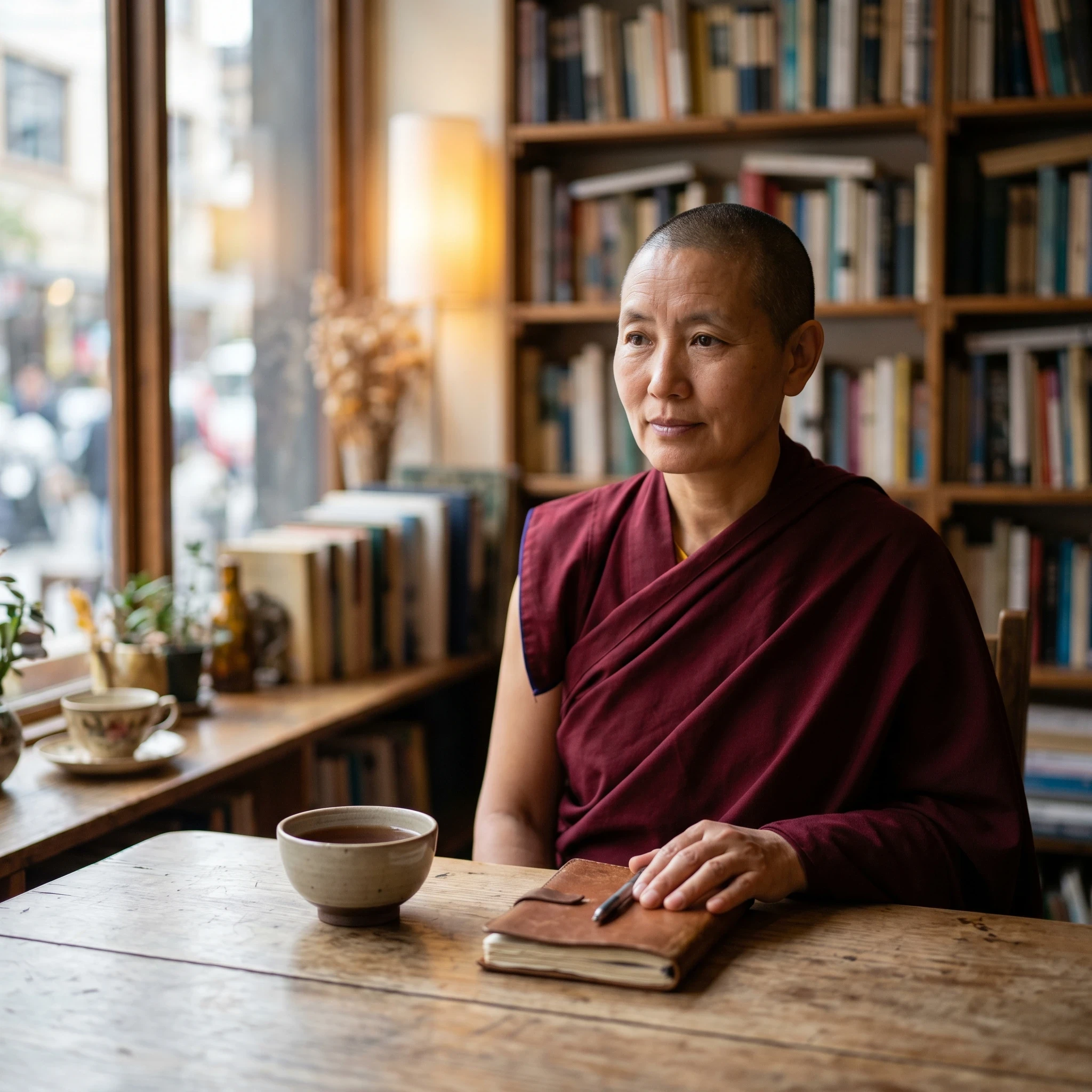 Buddhist monk sitting at a wooden table with a bowl of tea and a journal, practicing non-attachment