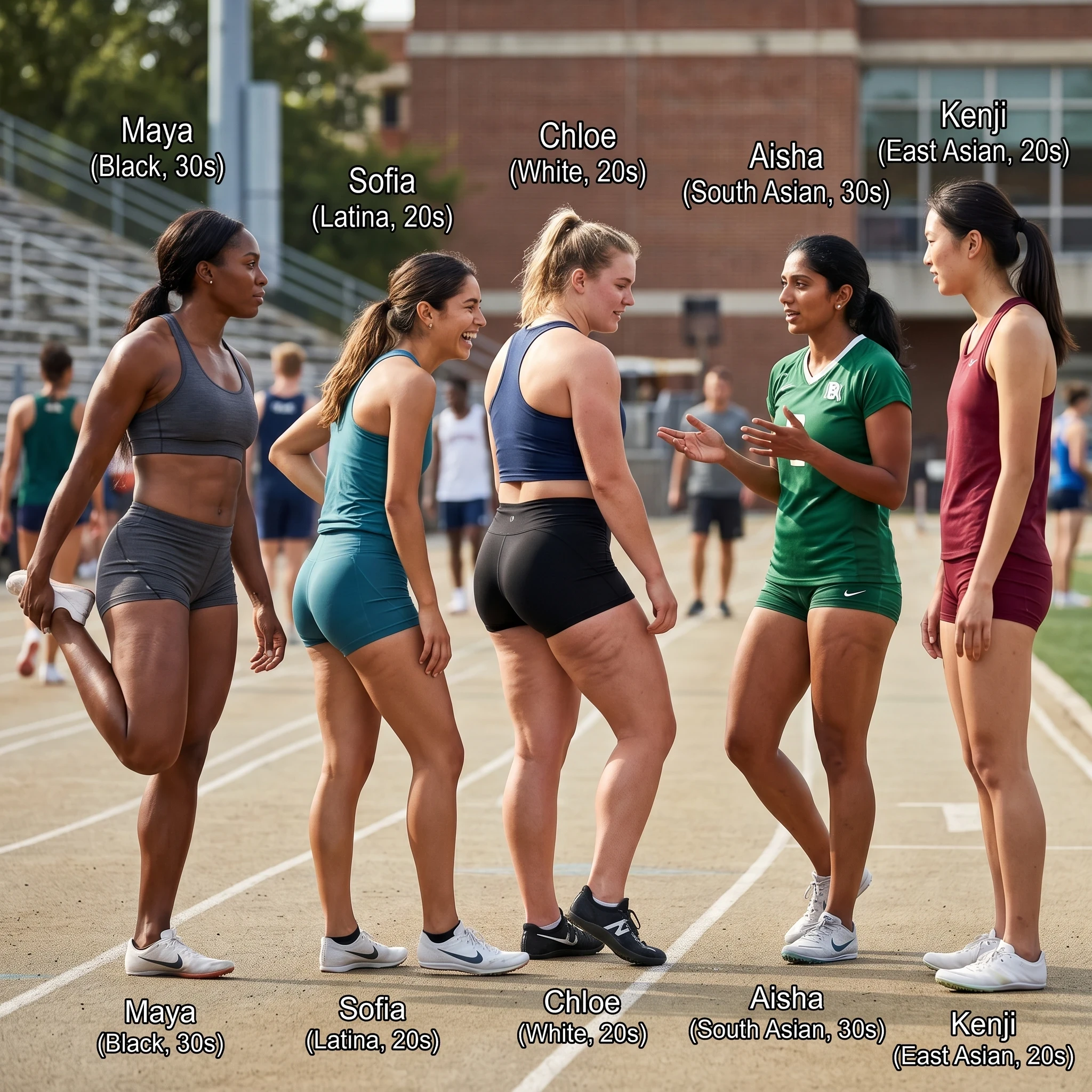 Five women of different ethnicities and body types in athletic wear standing on a track