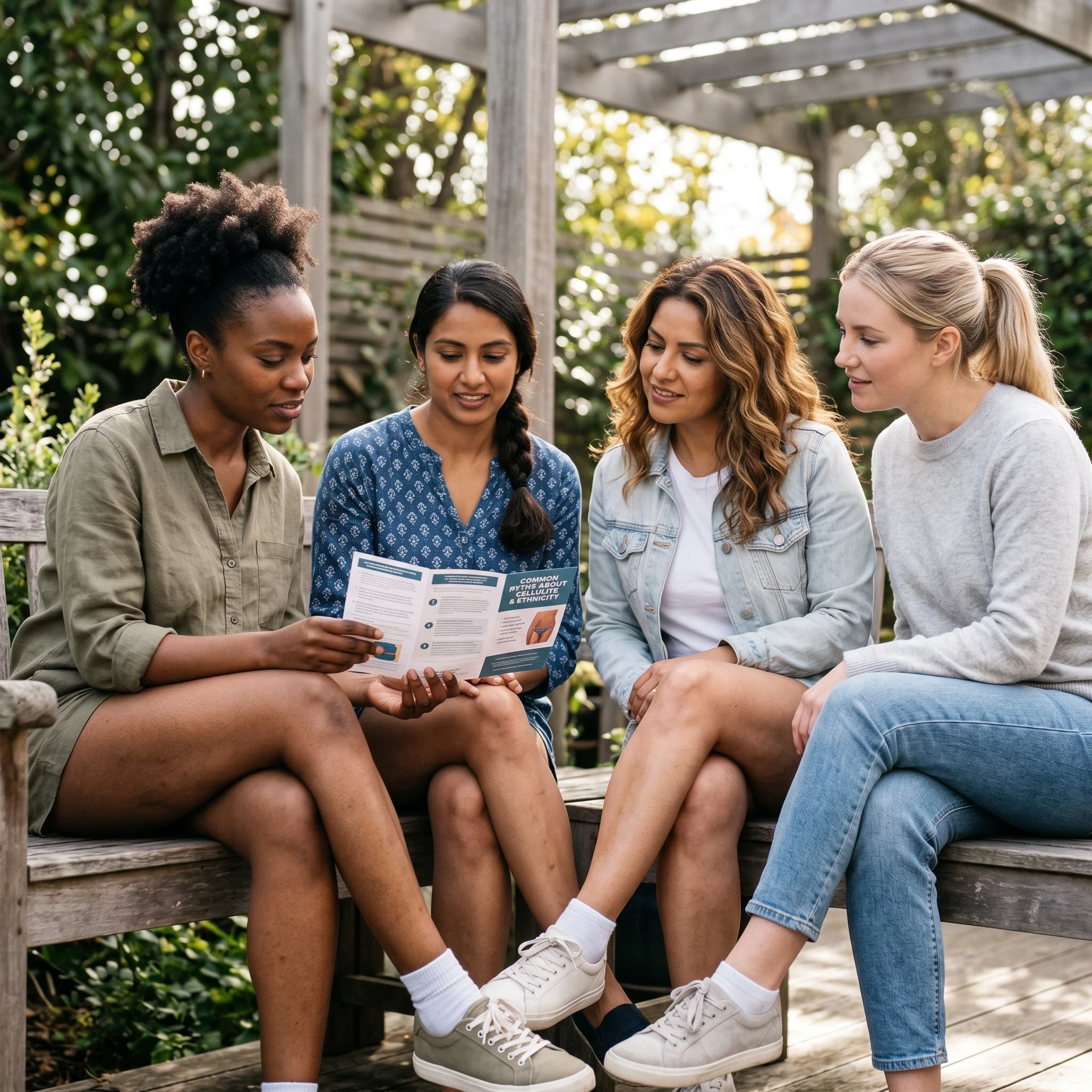 Four diverse women sitting together outdoors reviewing a health brochure