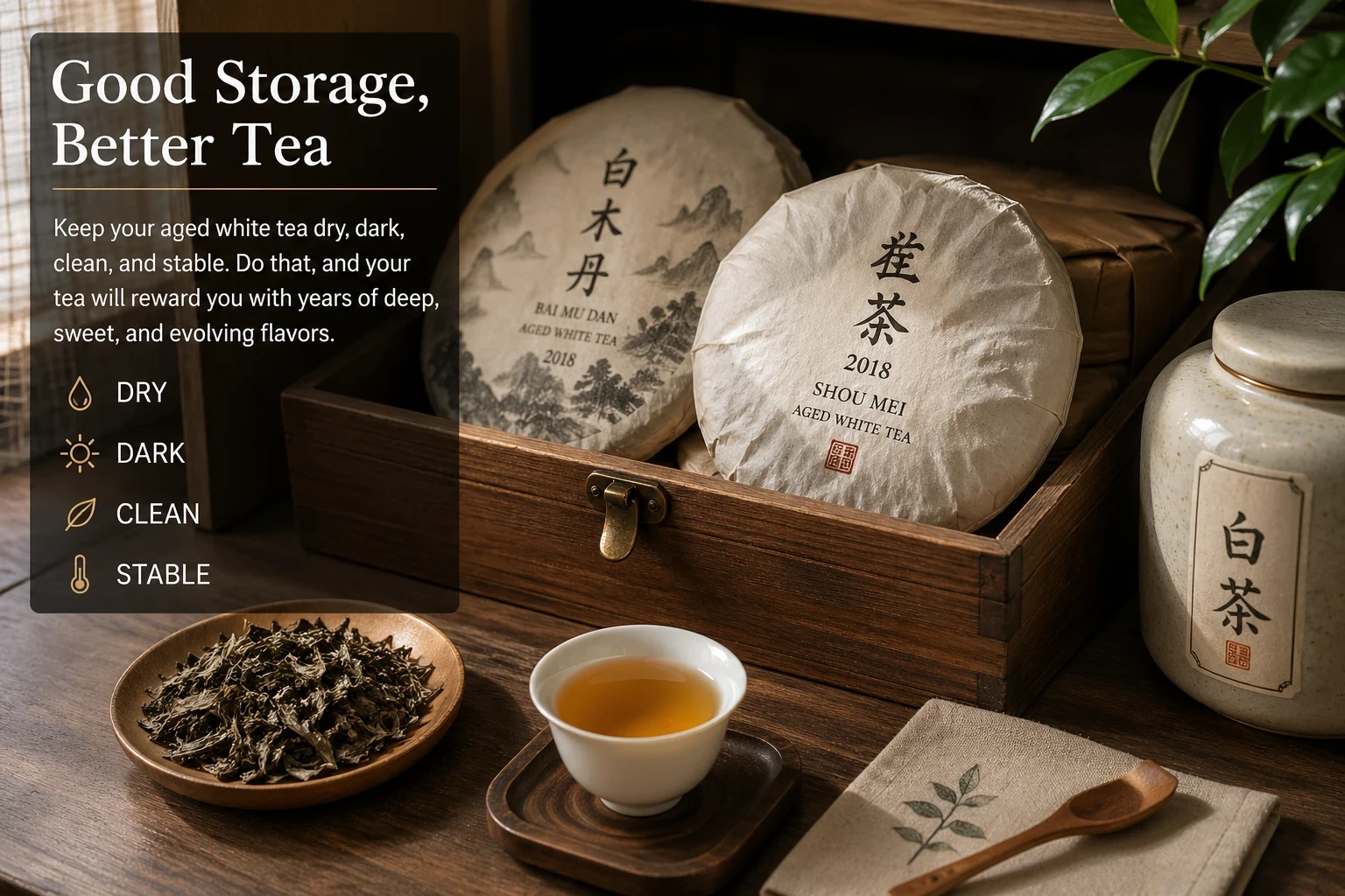 Aged white tea leaves in wooden bowl next to brewed cup and wooden storage box with Shou Mei tea
