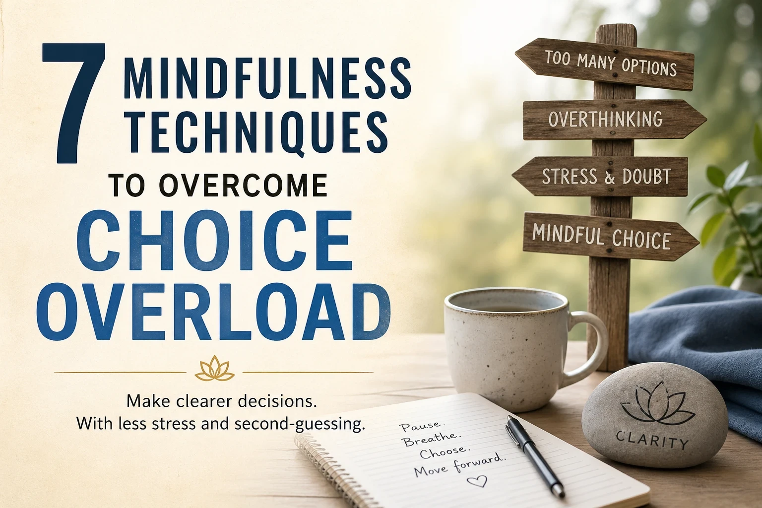 7 mindfulness techniques to overcome choice overload - signpost showing options like overthinking, stress and doubt, and mindful choice, with a notebook and clarity stone