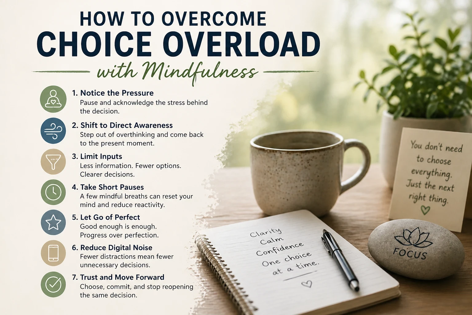 How to overcome choice overload with mindfulness - 7-step infographic including notice the pressure, shift to direct awareness, limit inputs, take short pauses, let go of perfect, reduce digital noise, and trust and move forward