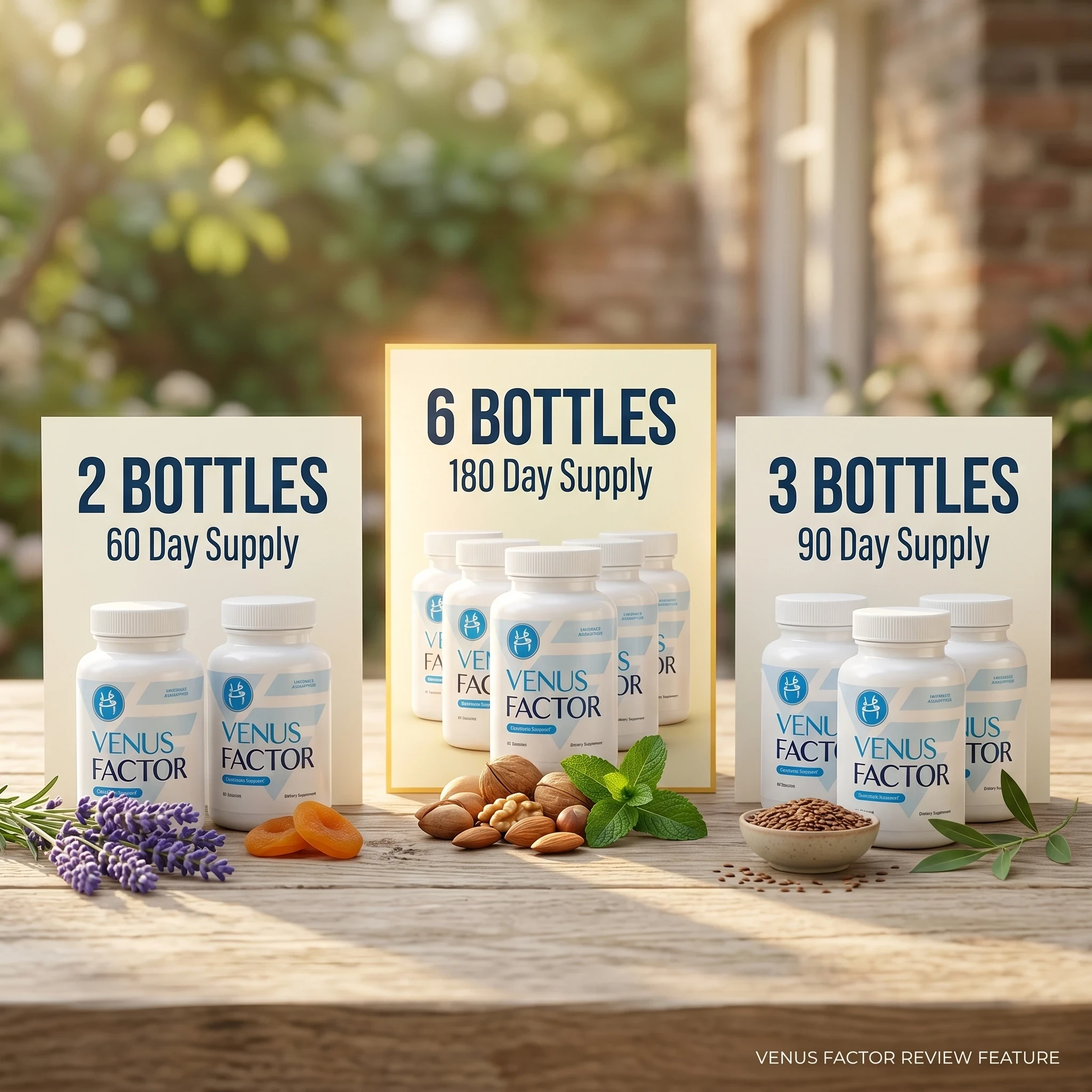 Venus Factor supplement bottles showing 2-bottle (60-day), 6-bottle (180-day), and 3-bottle (90-day) supply packages displayed with natural ingredients
