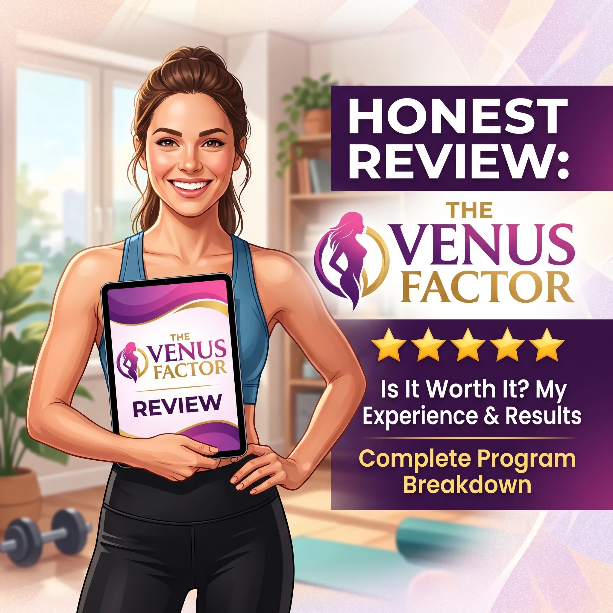 Fit woman holding a Venus Factor review tablet with 5-star rating and text 
