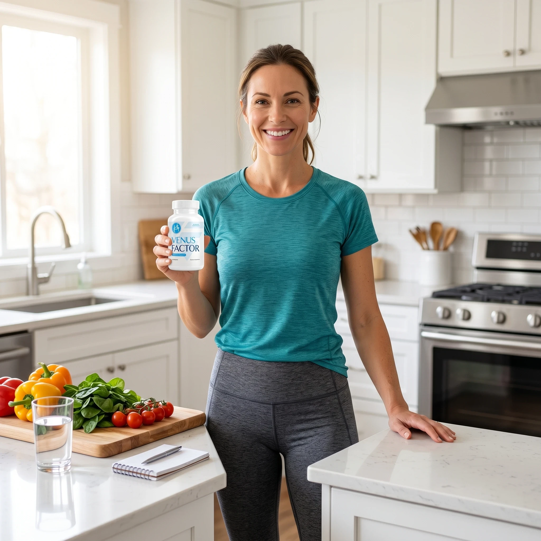 Fit woman in her 30s holding a Venus Factor supplement bottle in a bright modern kitchen with fresh vegetables and a glass of water