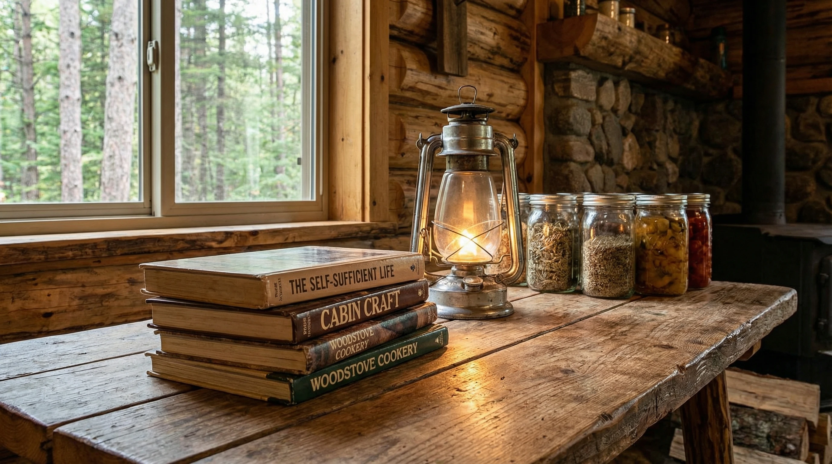 Stack of off-grid living books, rustic background, no people