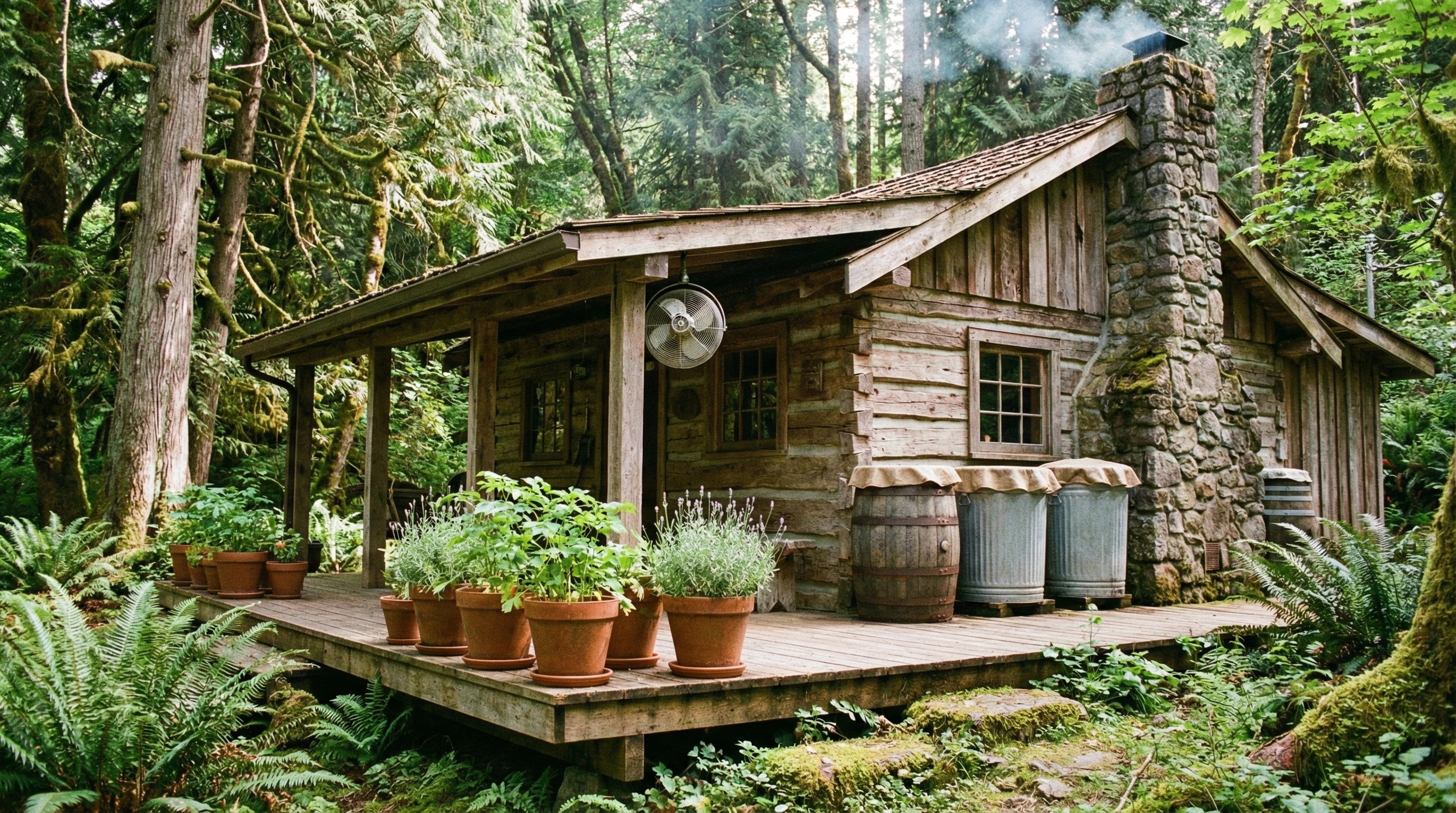Offgrid cabin deck surrounded by natural plants and open airflow, showing natural mosquito control methods, with water barrels and small ponds covered up, a fan on the deck, and healthy citronella plants nearby.