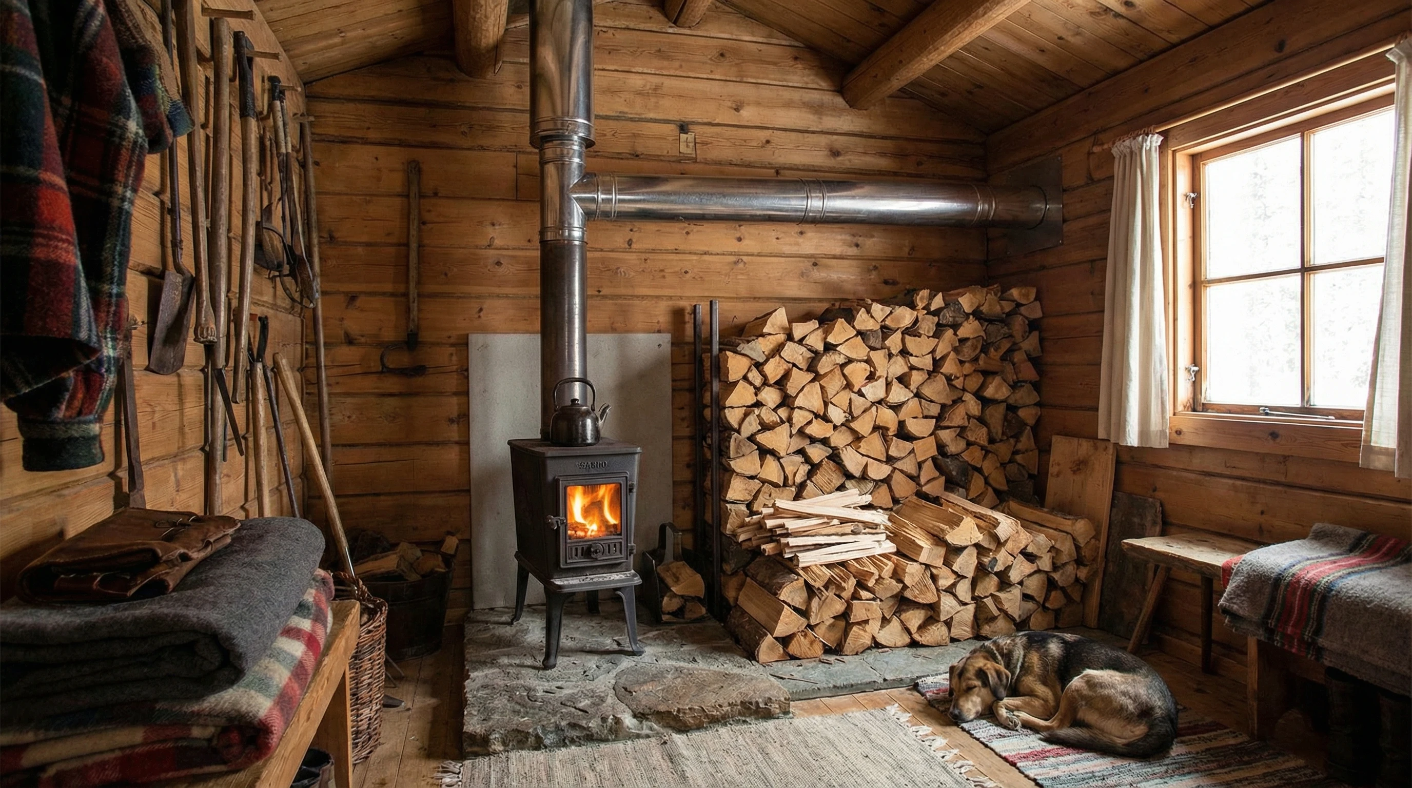 A compact wood stove burning in a small, rustic cabin with visible pipes and a pile of neatly stacked firewood next to it.