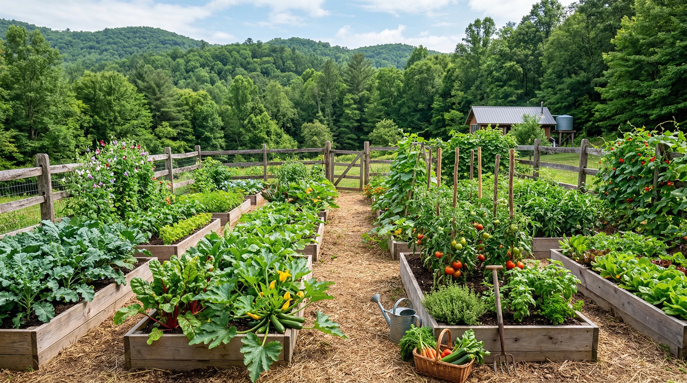 A lush off-grid vegetable garden with rows of thriving high-yield crops under the open sky. Raised beds, large leafy plants, and a simple wooden fence surround the garden, set against a green, forested background.