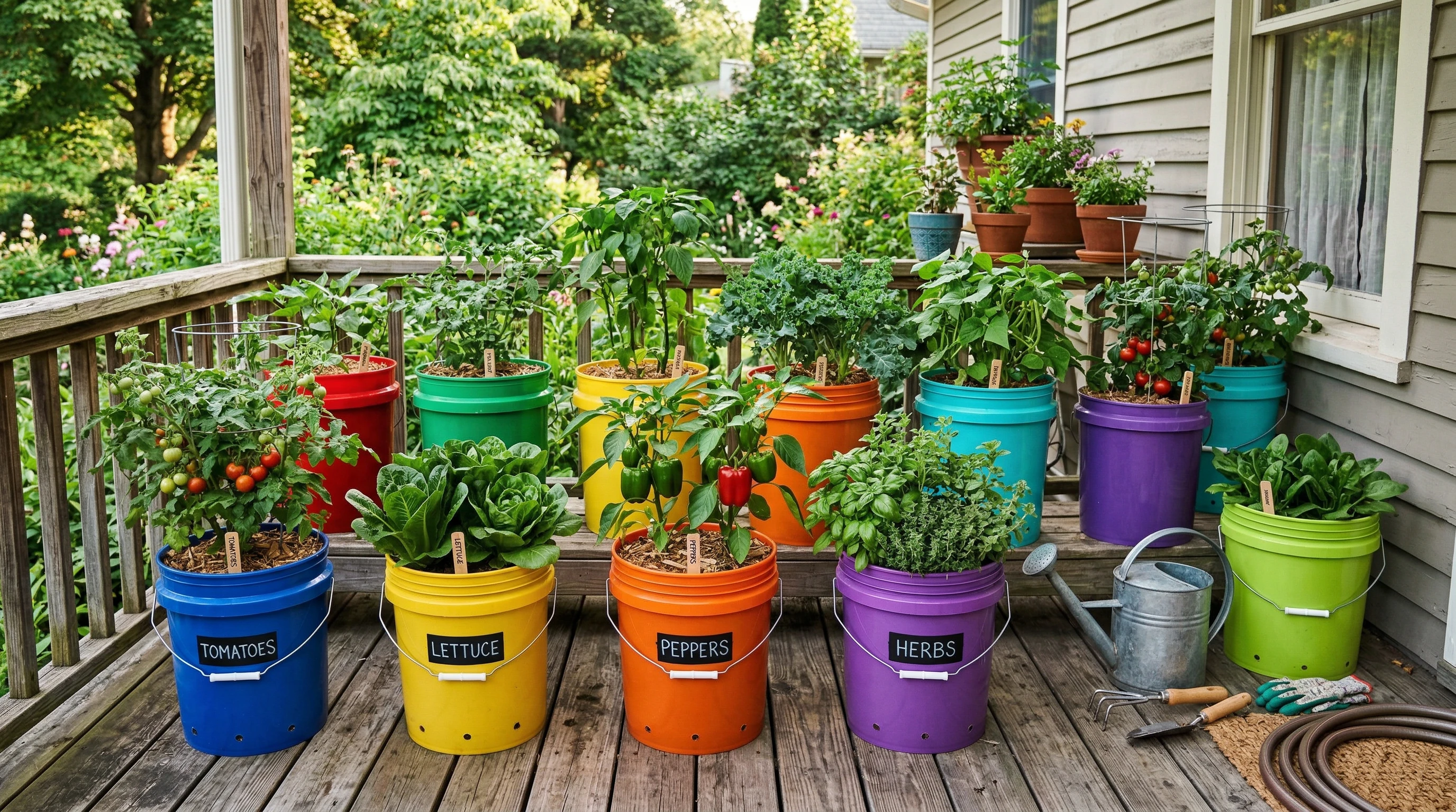 Colorful 5-gallon buckets arranged on a porch with thriving vegetable plants growing in them, surrounded by lush greenery.