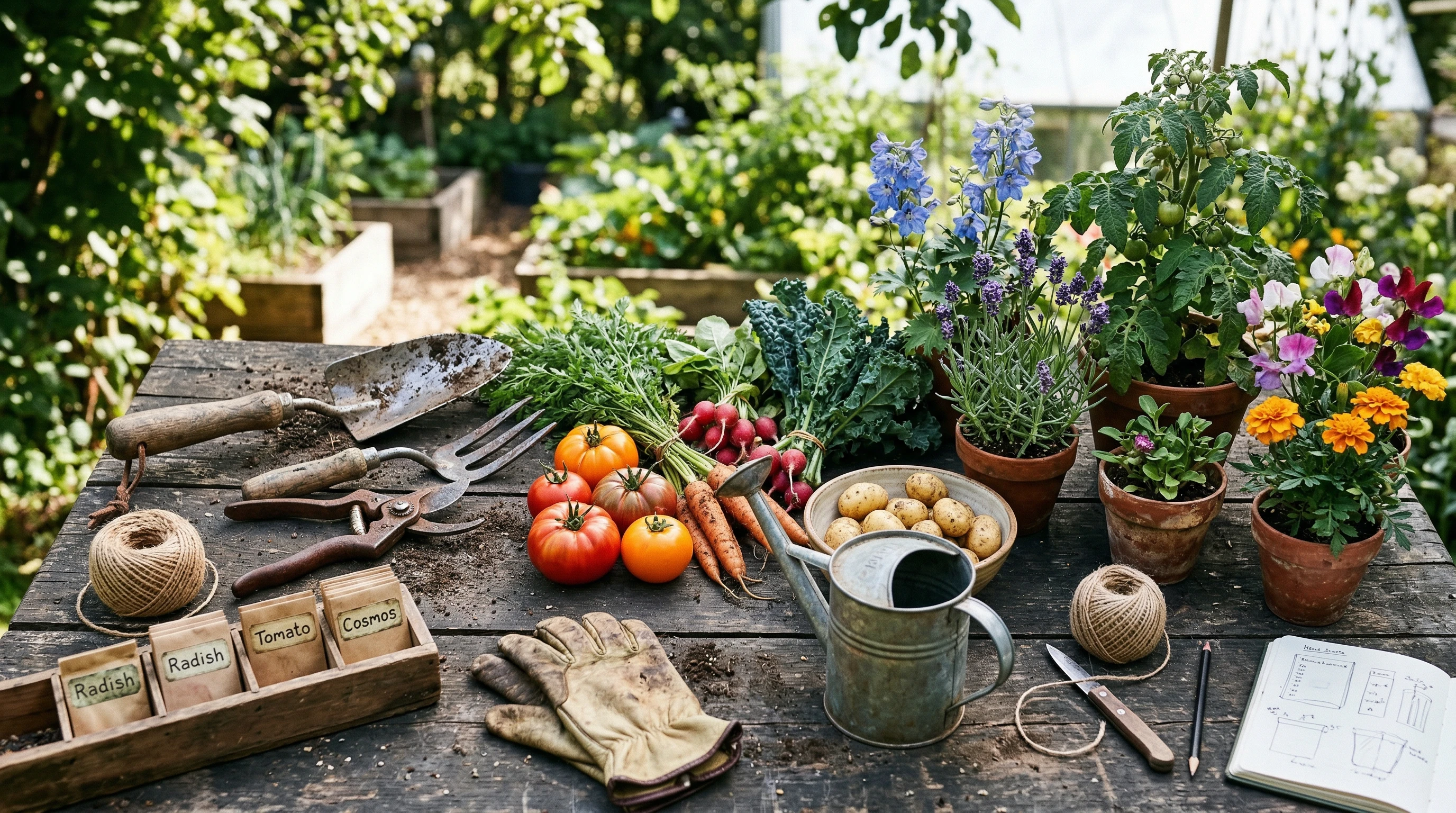 A collection of well-used gardening tools arranged on a rustic wooden table among fresh vegetables and flowering plants.