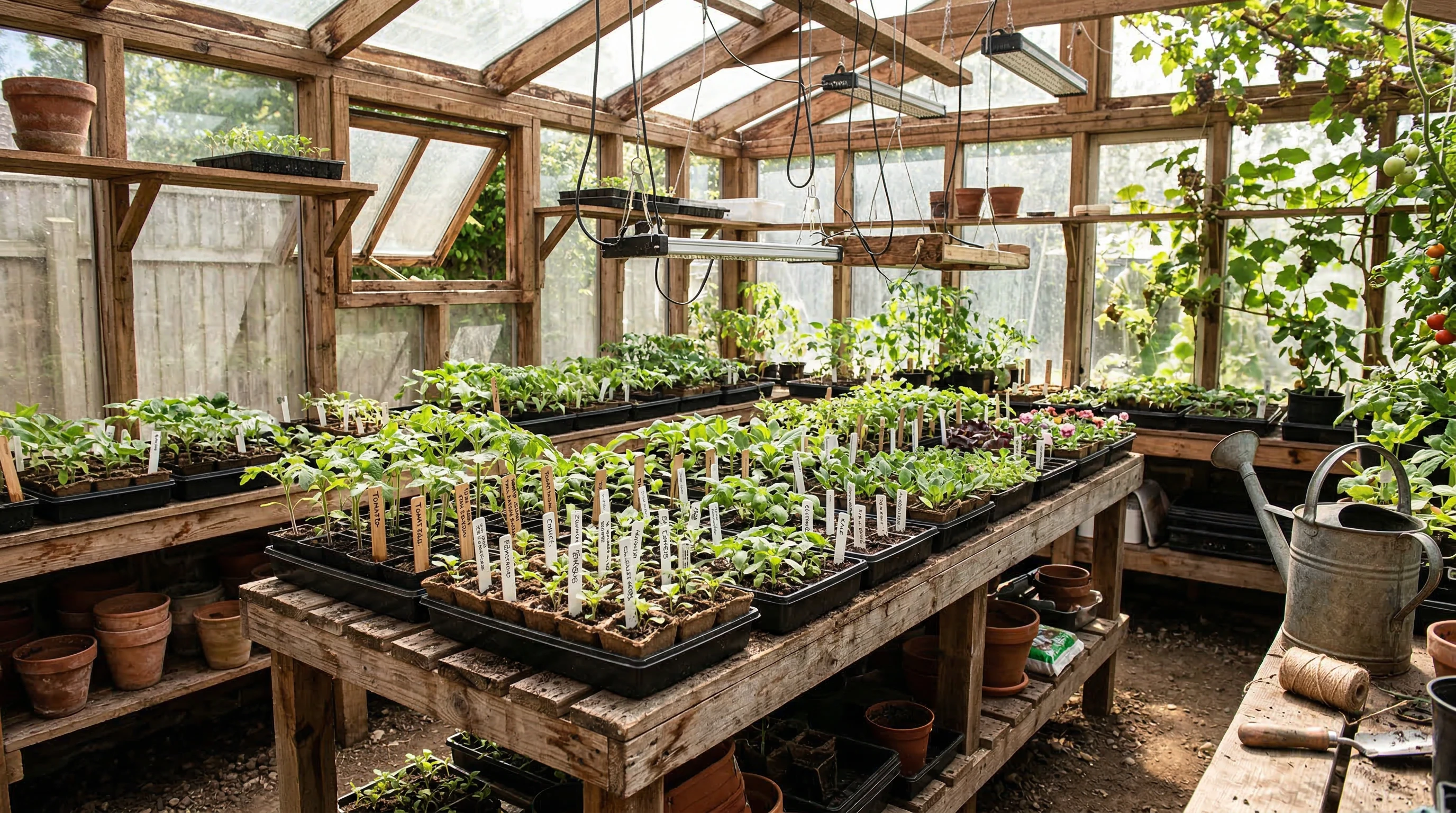off-grid seed starting setup with seed trays and natural light in a rustic greenhouse